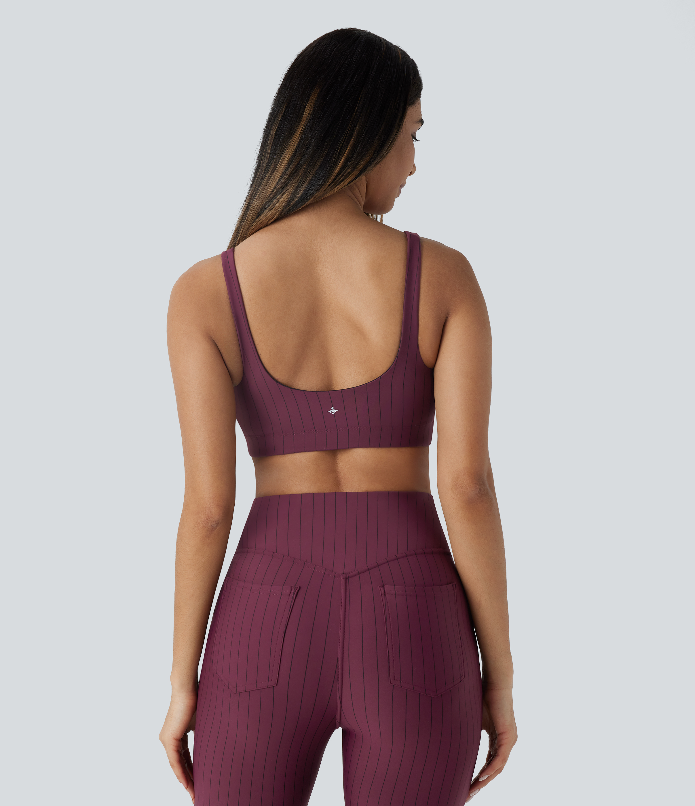 Halara Low Support U Neck Backless Stripe Cool Touch Yoga Sports Bra  - Wine Red and Black Stripe - S push up bra strapless bra backless bra 