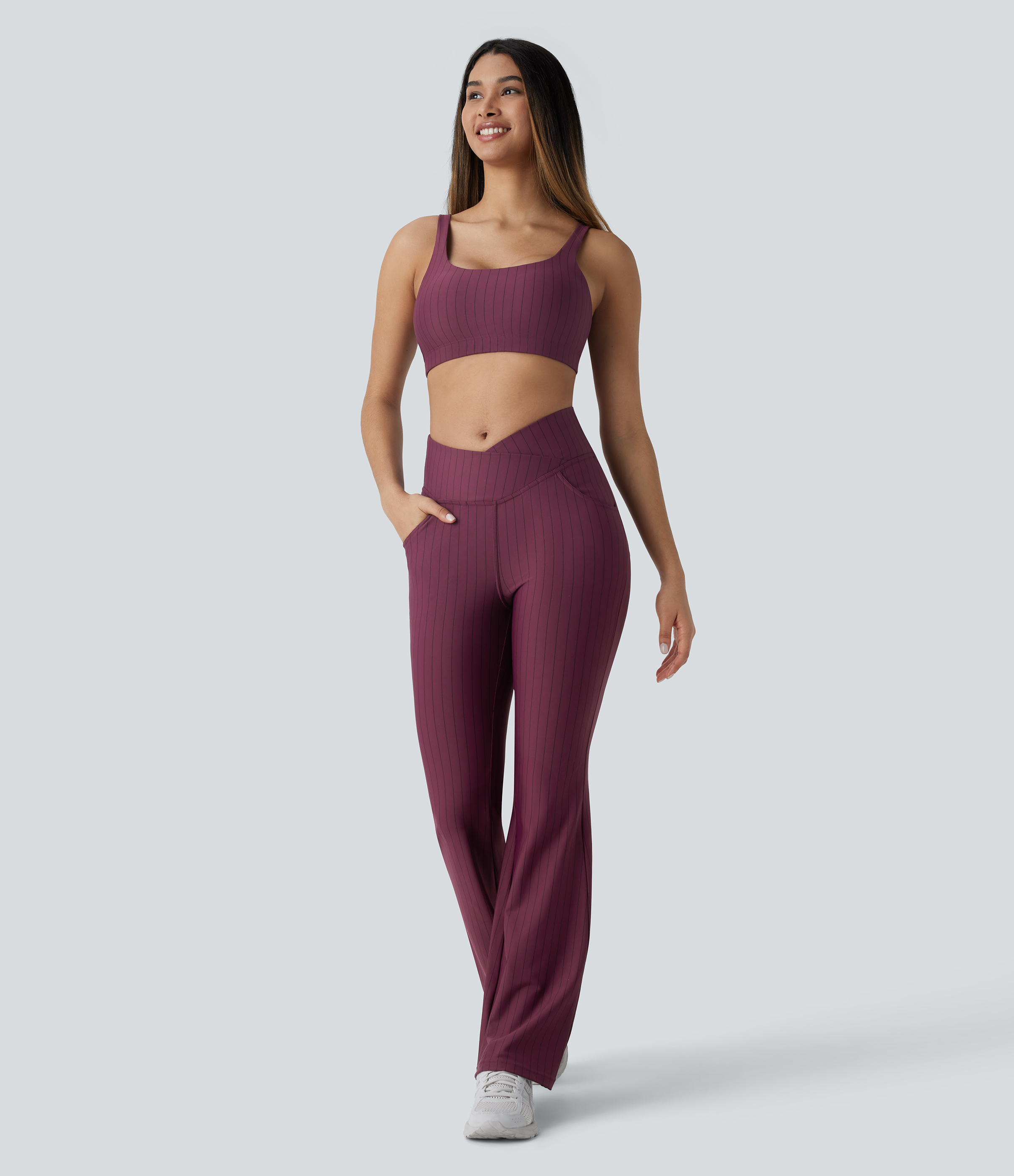 Halara Low Support U Neck Backless Stripe Cool Touch Yoga Sports Bra  - Wine Red and Black Stripe - S push up bra strapless bra backless bra 
