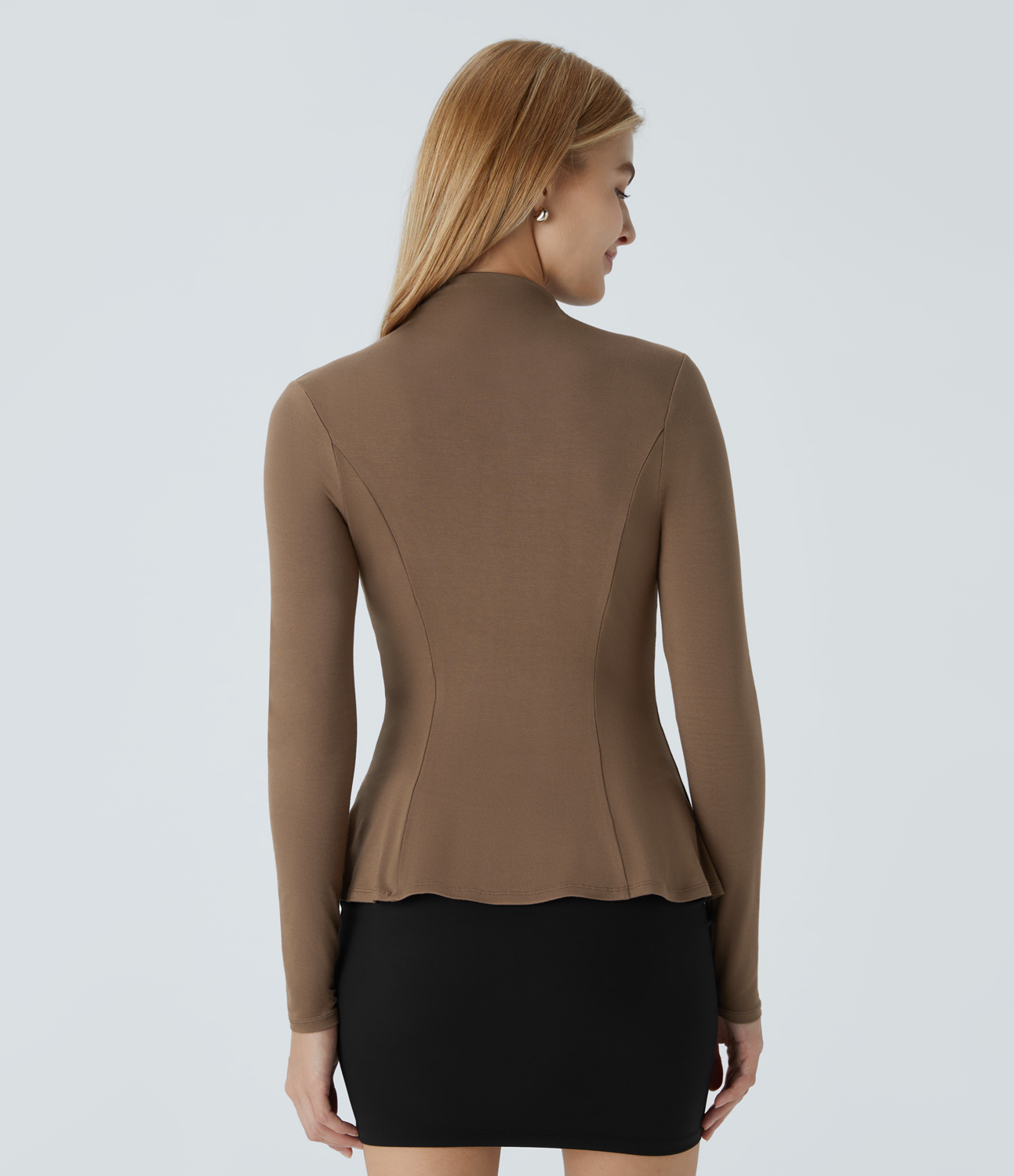 Halara Funnel Neck Long Sleeve Slim Peplum Work Tee - Camellia Brown