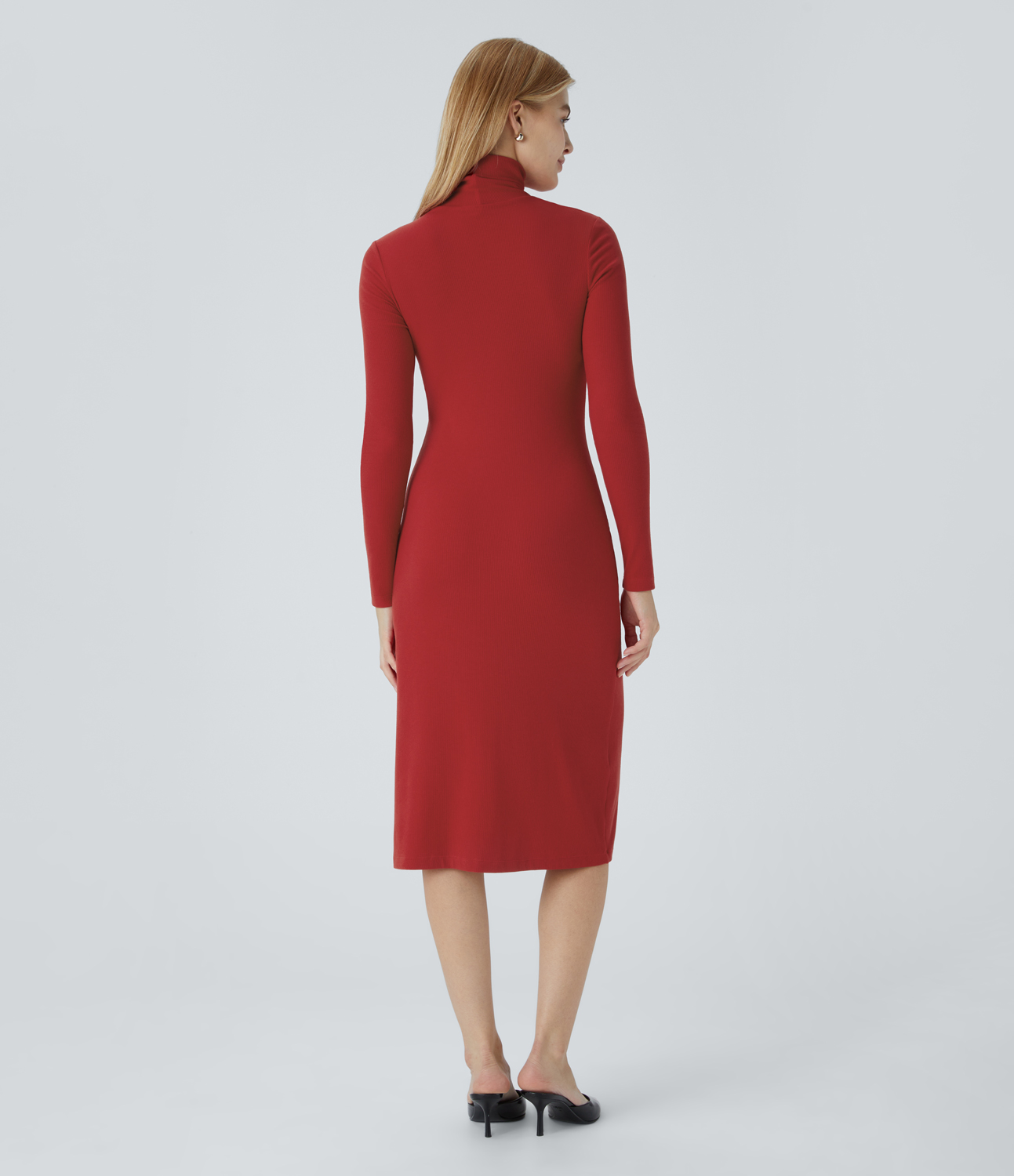 Halara Ribbed Knit High Collar Long Sleeve Midi Slim Work Dress Casual Dress - Samba - XL slip dress beach dress ruched dress halter dress 