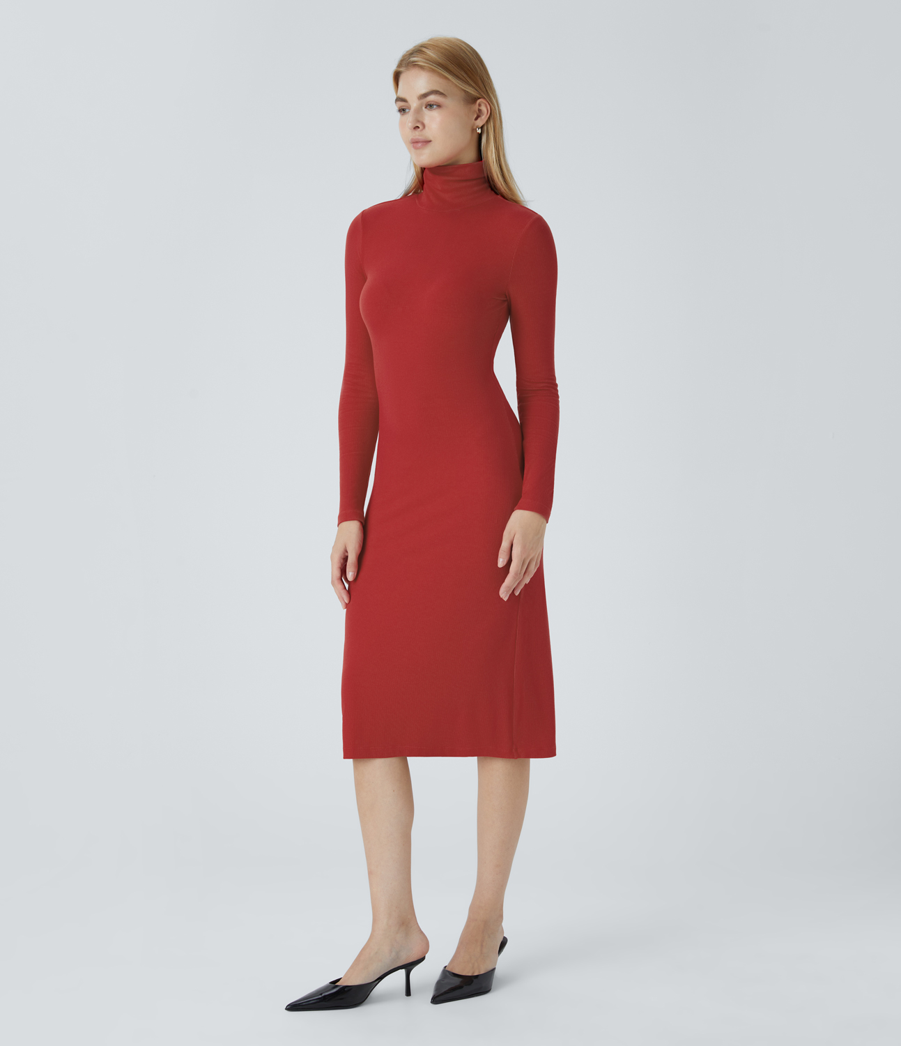 Halara Ribbed Knit High Collar Long Sleeve Midi Slim Work Dress Casual Dress - Samba - XL slip dress beach dress ruched dress halter dress 