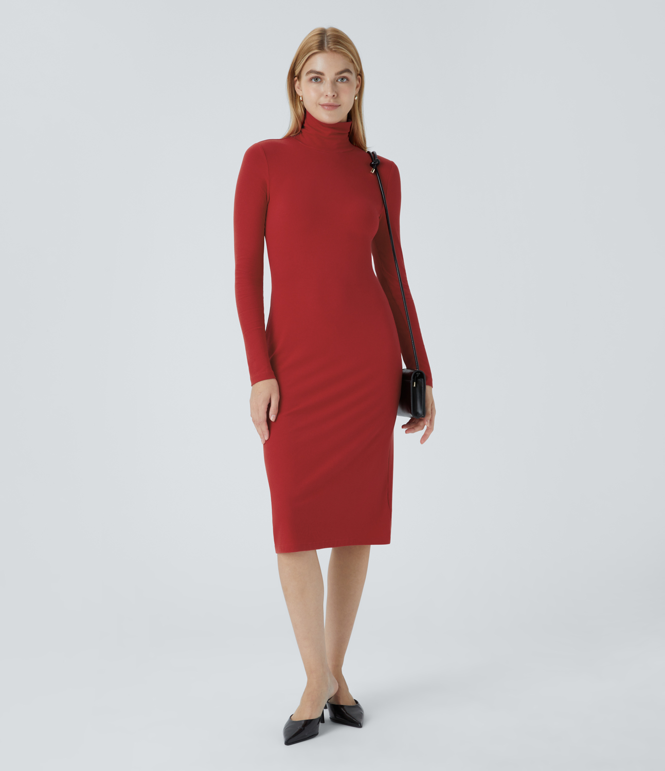 Halara Ribbed Knit High Collar Long Sleeve Midi Slim Work Dress Casual Dress - Samba - XL slip dress beach dress ruched dress halter dress 