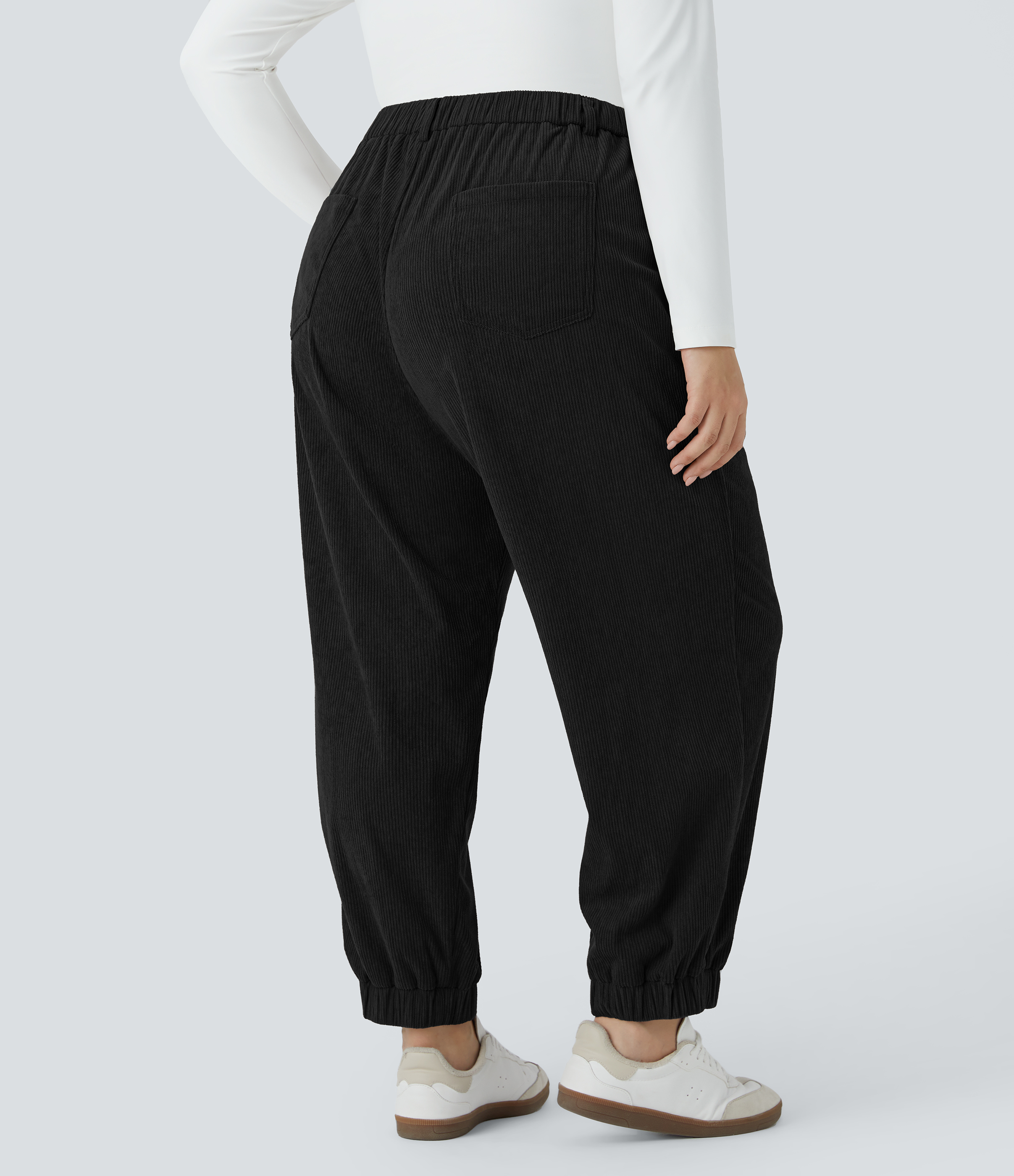 Black Mid Rise Zipper Pockets Corduroy Casual Plus Size Joggers / 2