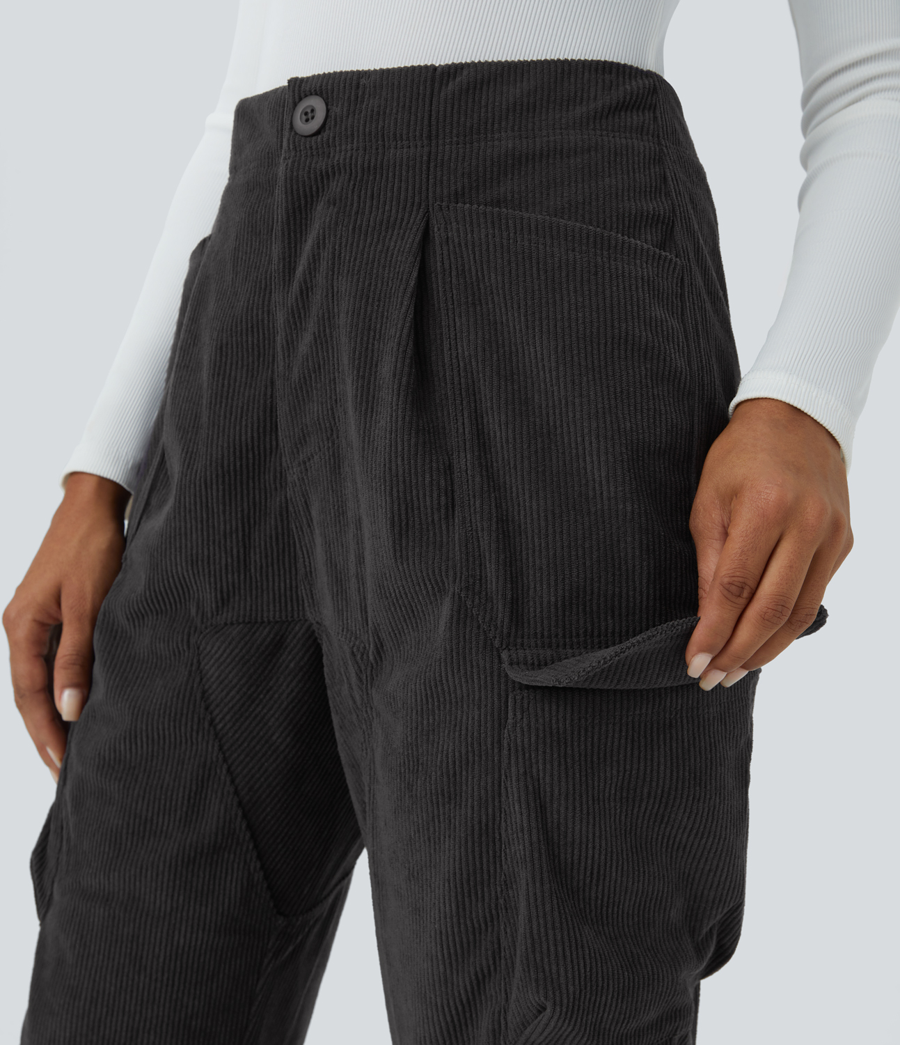 Halara High Waisted Button Zipper Multiple Pockets Corduroy Casual Pants  - Nine Iron - XL sweatpants jogger pants stacked sweatpants 