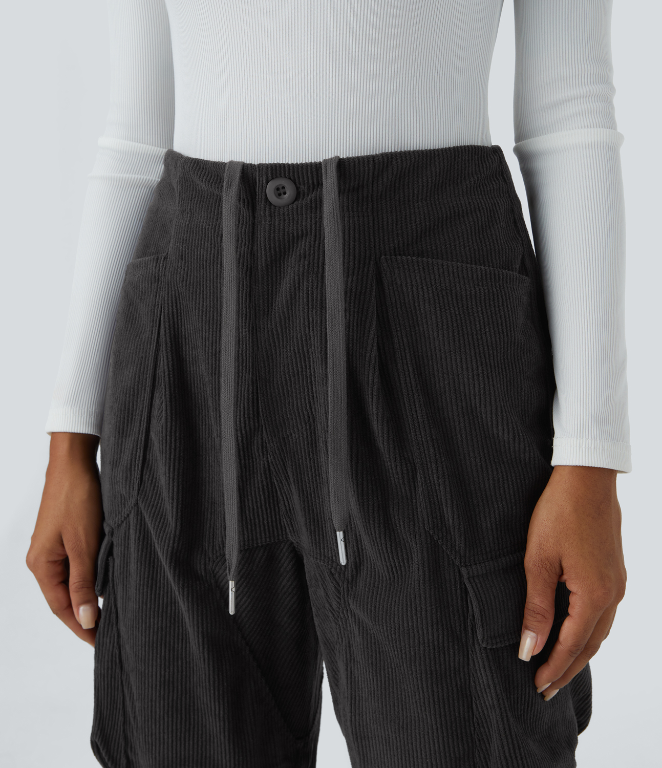 Halara High Waisted Button Zipper Multiple Pockets Corduroy Casual Pants  - Nine Iron - XL sweatpants jogger pants stacked sweatpants 