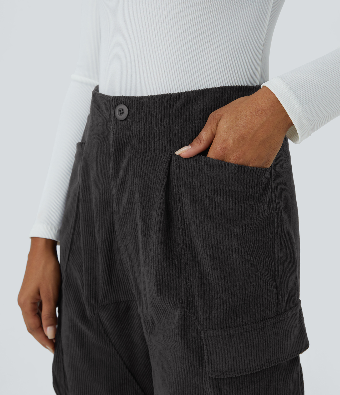 Halara High Waisted Button Zipper Multiple Pockets Corduroy Casual Pants  - Nine Iron - XL sweatpants jogger pants stacked sweatpants 