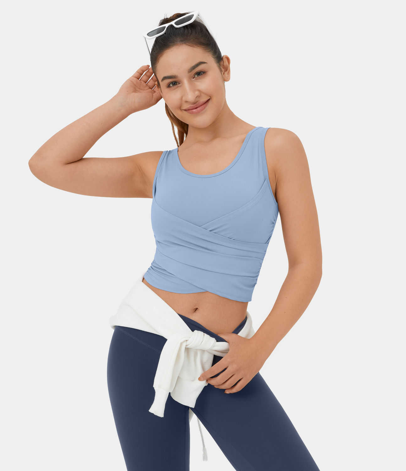 Halara Softlyzeroв„ў Airy Round Neck Crossover Hem Plicated Stacked Cropped Cool Touch Yoga Tank Top Tank Top - Chambray Blue - M golf tops 