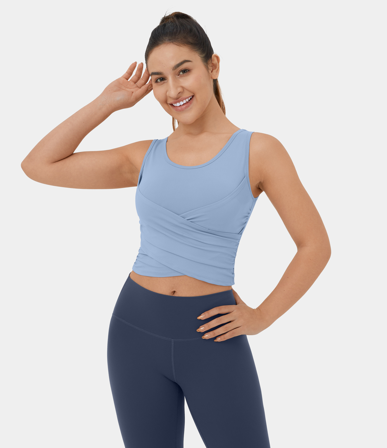 Halara Softlyzeroв„ў Airy Round Neck Crossover Hem Plicated Stacked Cropped Cool Touch Yoga Tank Top Tank Top - Chambray Blue - M golf tops 