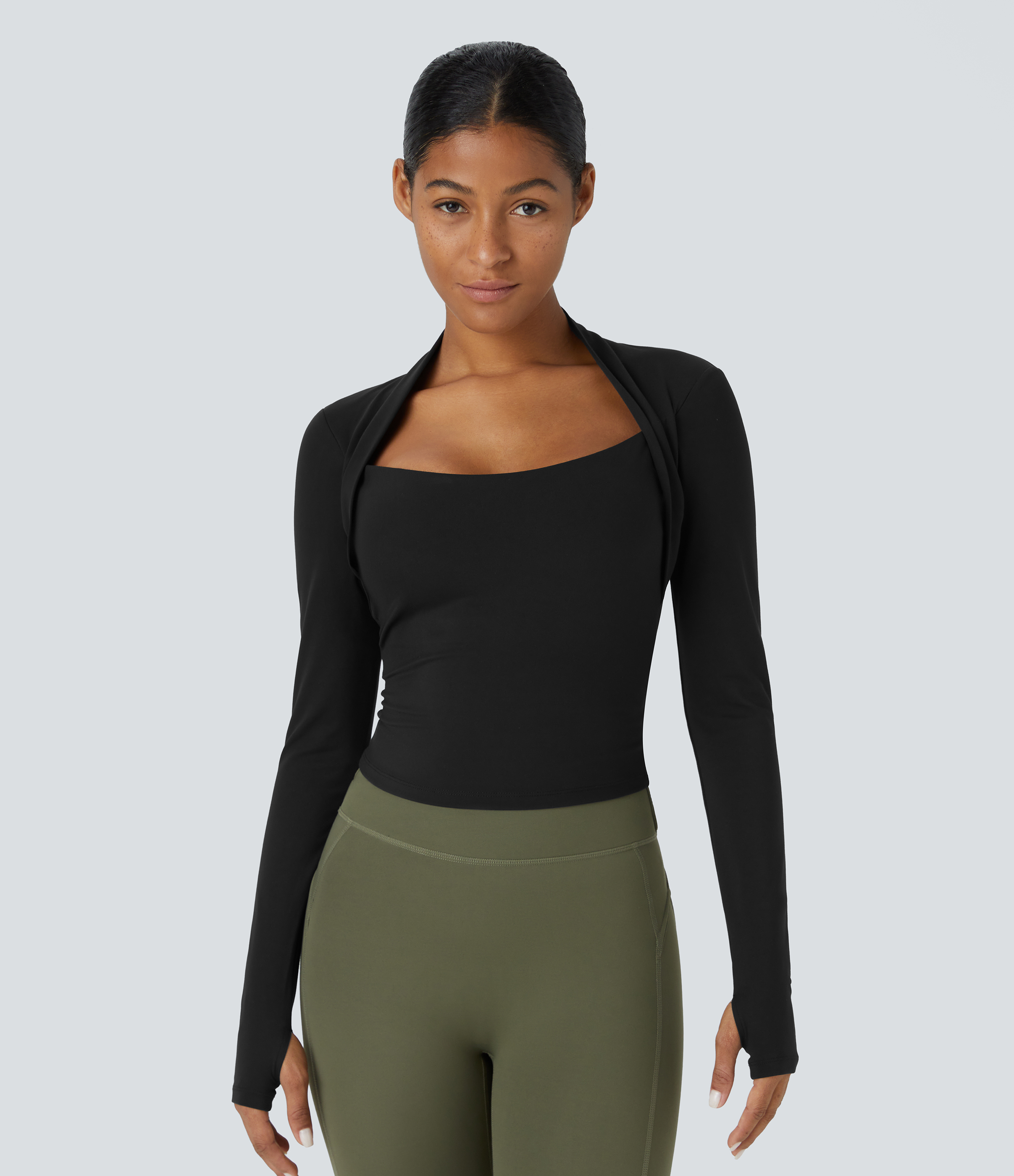 Halara Softlyzeroв„ў Plush Long Sleeve Thumb Hole 2-in-1 Yoga Sports Top  - Black - S(Long) 