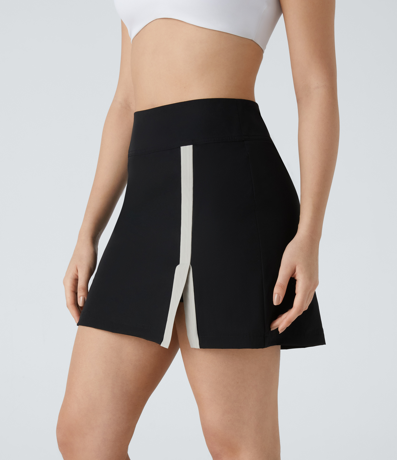 Halara High Waisted Invisible Zipper 2-in-1 Split Color Block Mini Golf Skirt  - Black - XL(regular) midi skirt a line skirt golfing skirt 