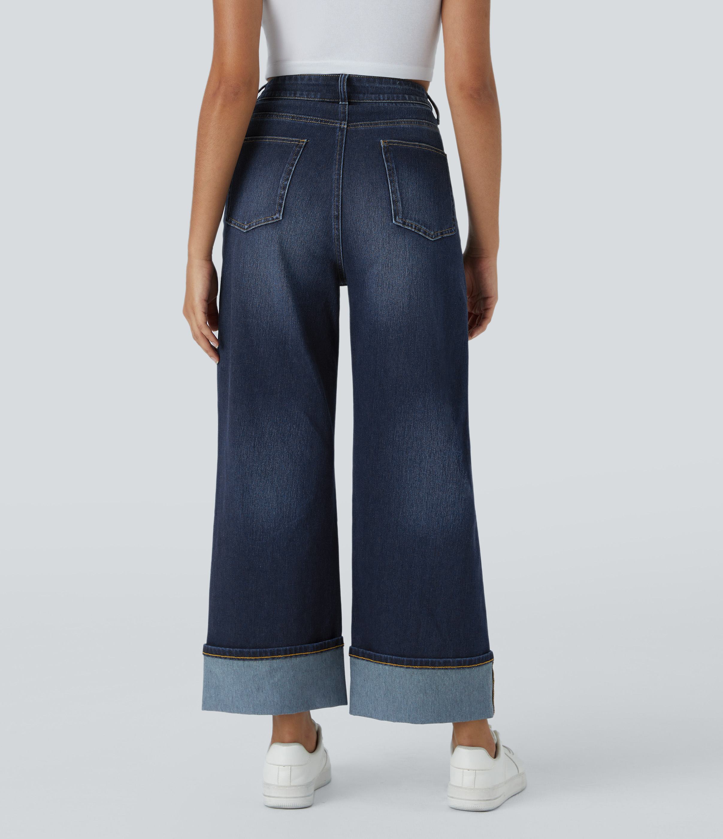 Distressed Denim Dark Blue Halara Flex™ Jeans de cintura alta con bolsillos, bajo vuelto, wide leg y acabado lavado / 2