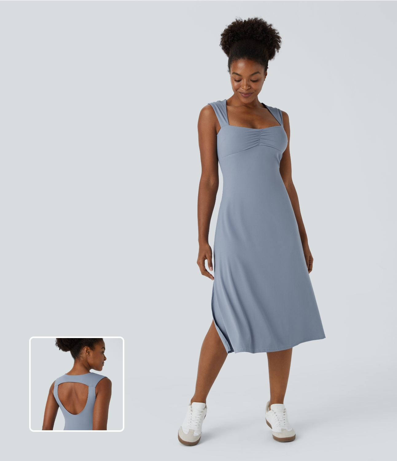 Halara Backless Cut Out Ruched Split Hem Midi Casual Dress Workout Dress - Snowflake Blue - M 
