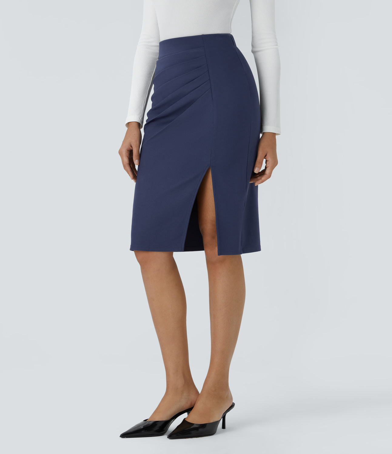 Halara High Waisted Ruched Split Hem Slim Midi Work Skirt  - Patriot Blue - S(regular) 