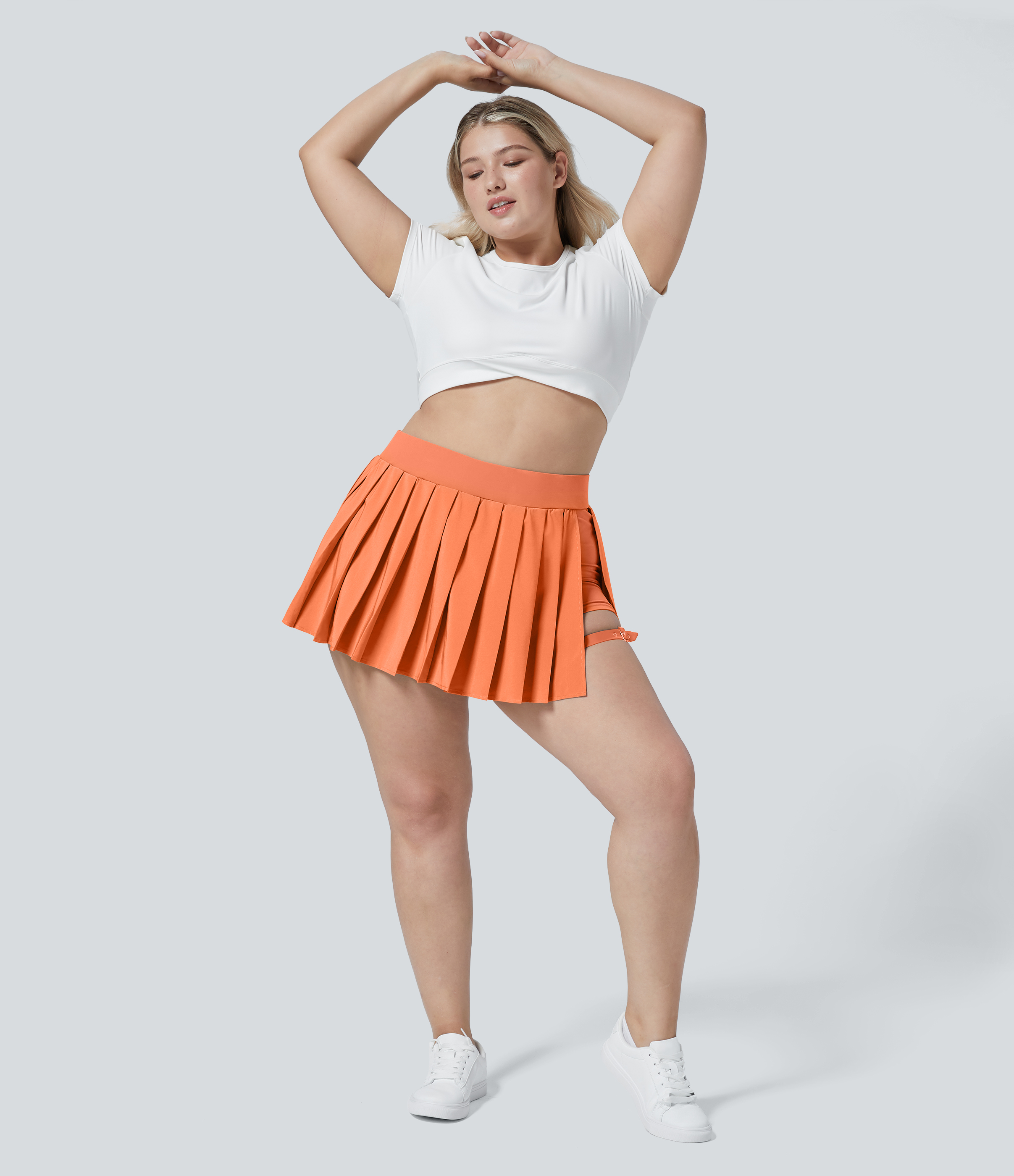 Halara Breezefulв„ў High Waisted Pleated 2-in-1 Side Pocket Adjustable Buckle Quick Dry Mini Casual Plus Size Skirt  - Blush Orange - 2X(regular) 