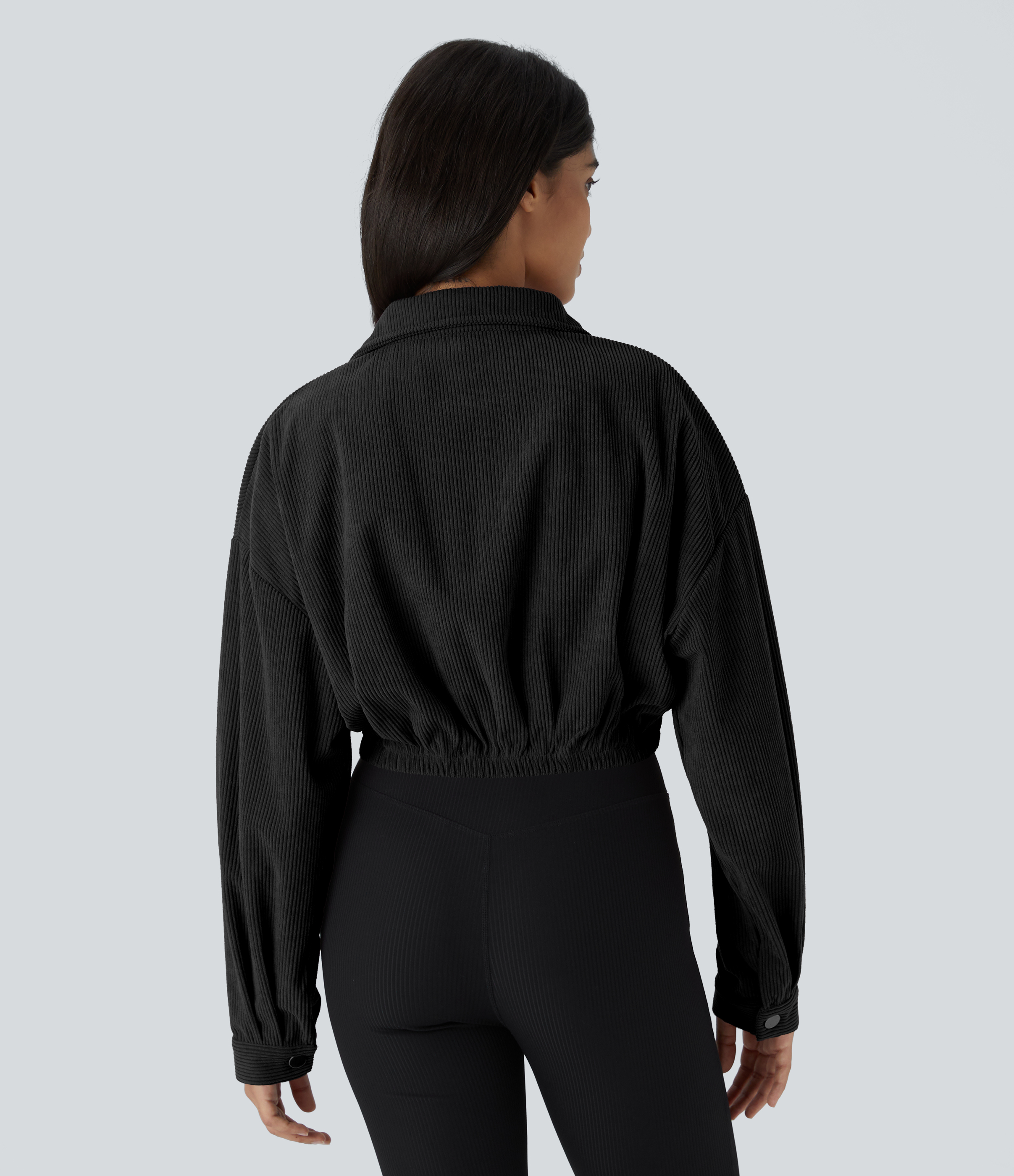 Halara Collared Button Pocket Cropped Corduroy Casual Jacket  - Black - S 