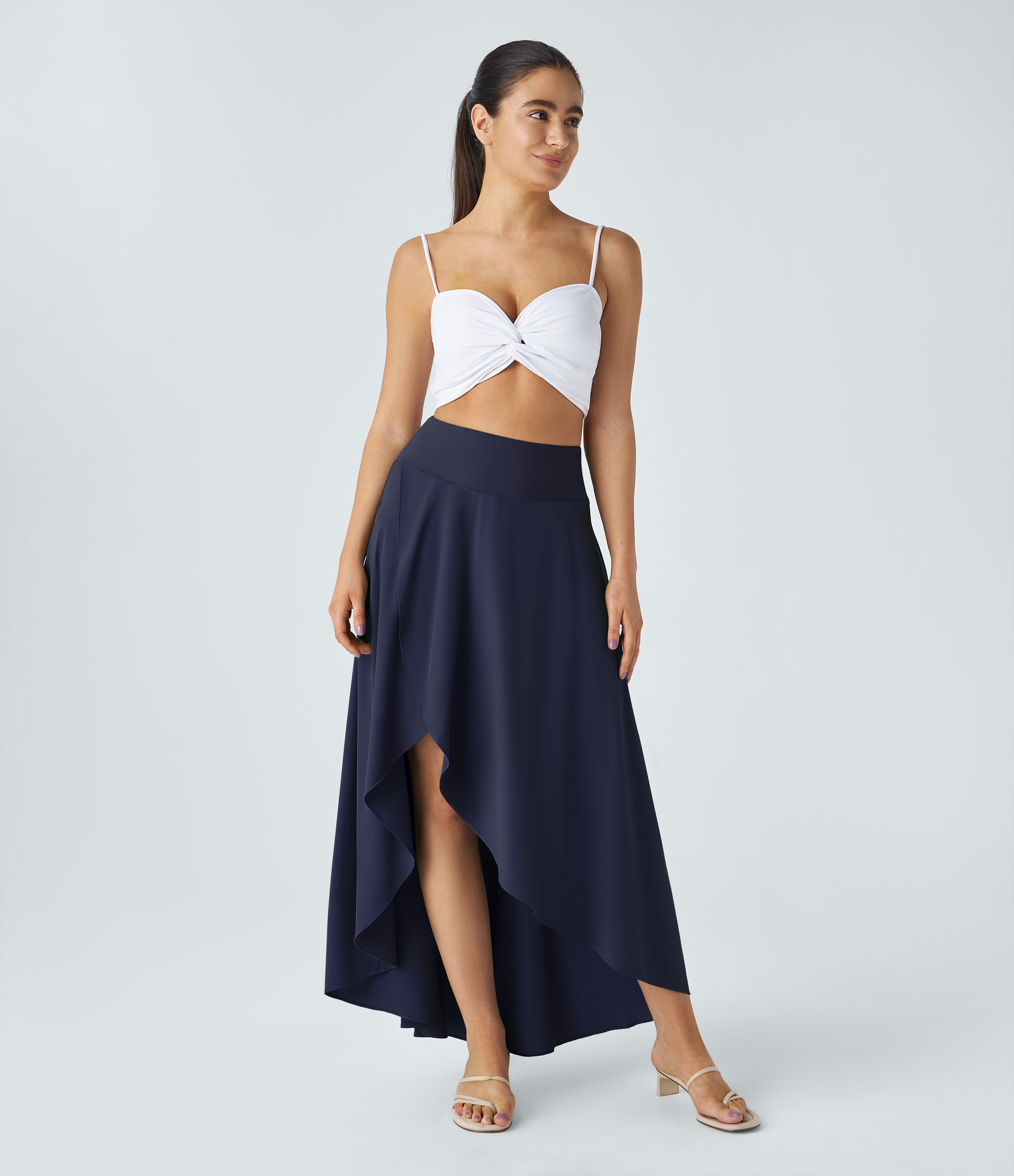 Halara Breezefulв„ў High Waisted High Low Ruffle 2-in-1 Flowy Quick Dry Casual Regular Maxi Skirt  - Black Diamond Blue - XS(regular) 