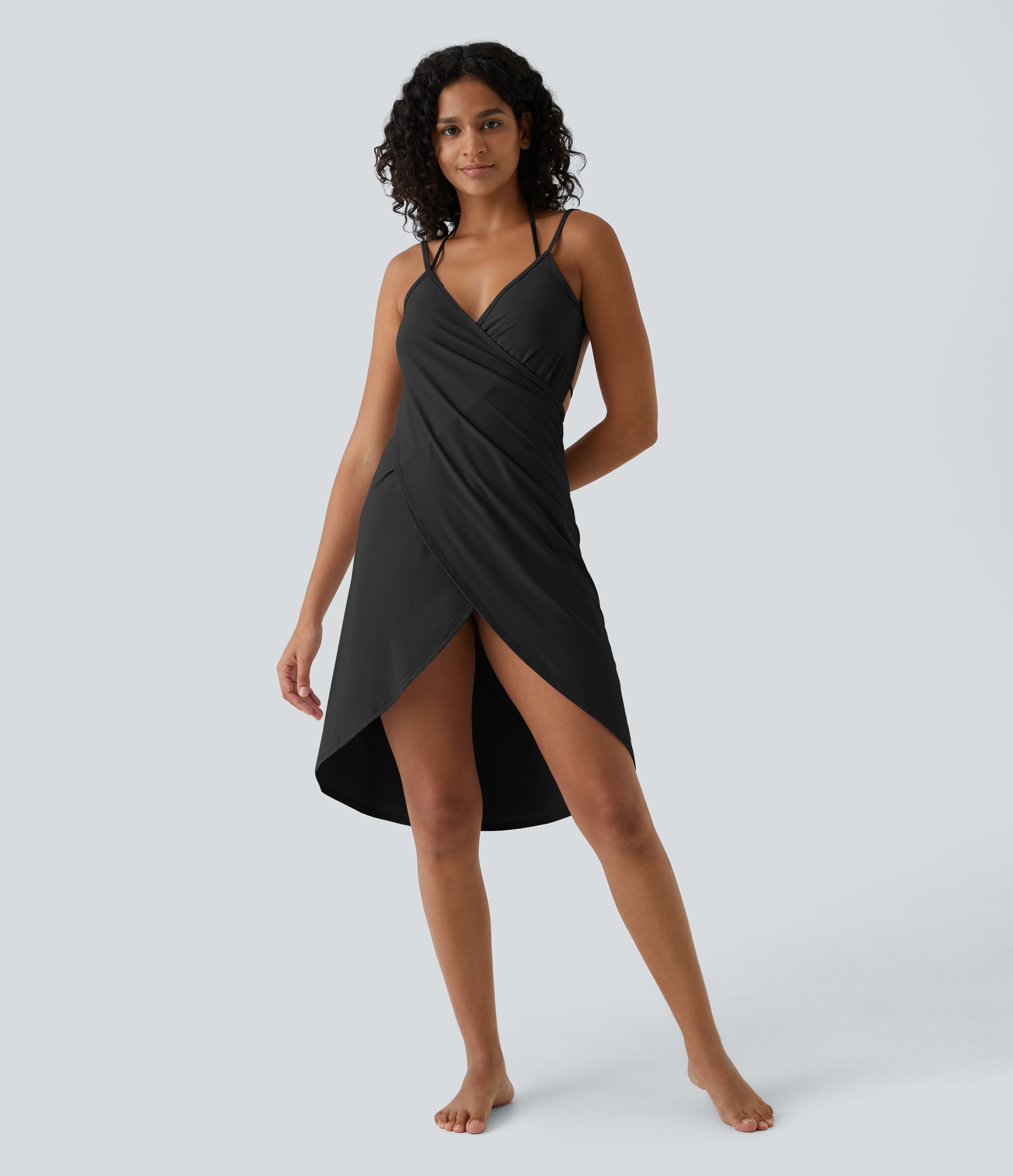 Halara Spaghetti Strap Crossover Backless Cover Up Wrap Cool Touch Resort Dress Casual Dress - Black - S slip dress beach dress ruched dress 
