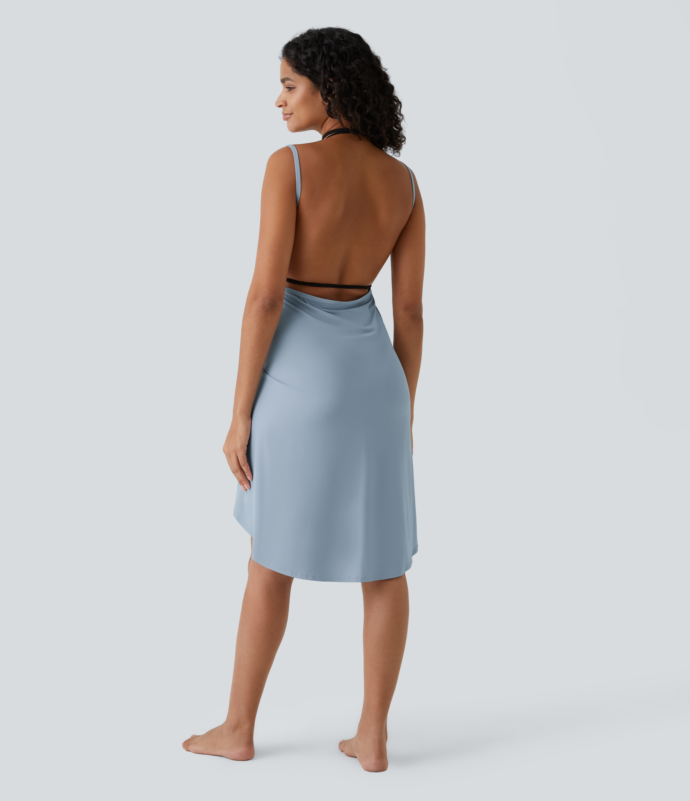 Halara Spaghetti Strap Crossover Backless Cover Up Wrap Cool Touch Resort Dress Casual Dress - Blue Fog - XS slip dress beach dress 