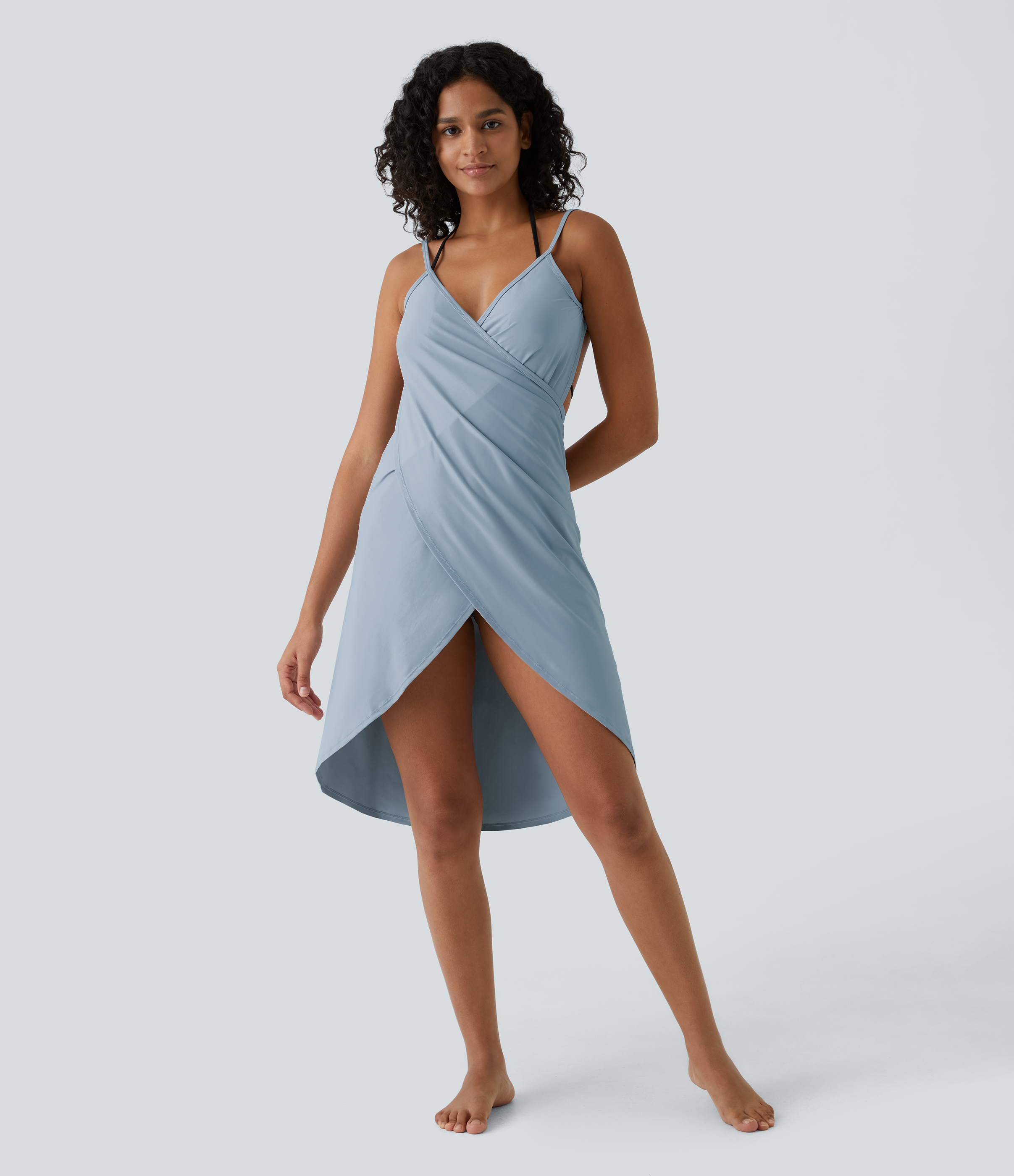 Halara Spaghetti Strap Crossover Backless Cover Up Wrap Cool Touch Resort Dress Casual Dress - Blue Fog - XS slip dress beach dress 