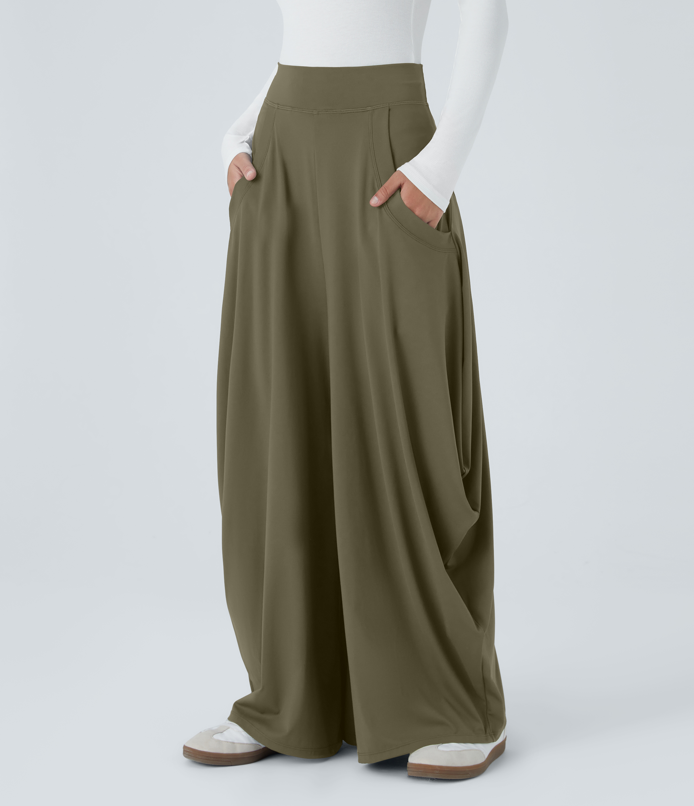 Halara Mid Rise Multiple Pockets Draped Wide Leg Casual Pants  - Withered Green - S(regular) 