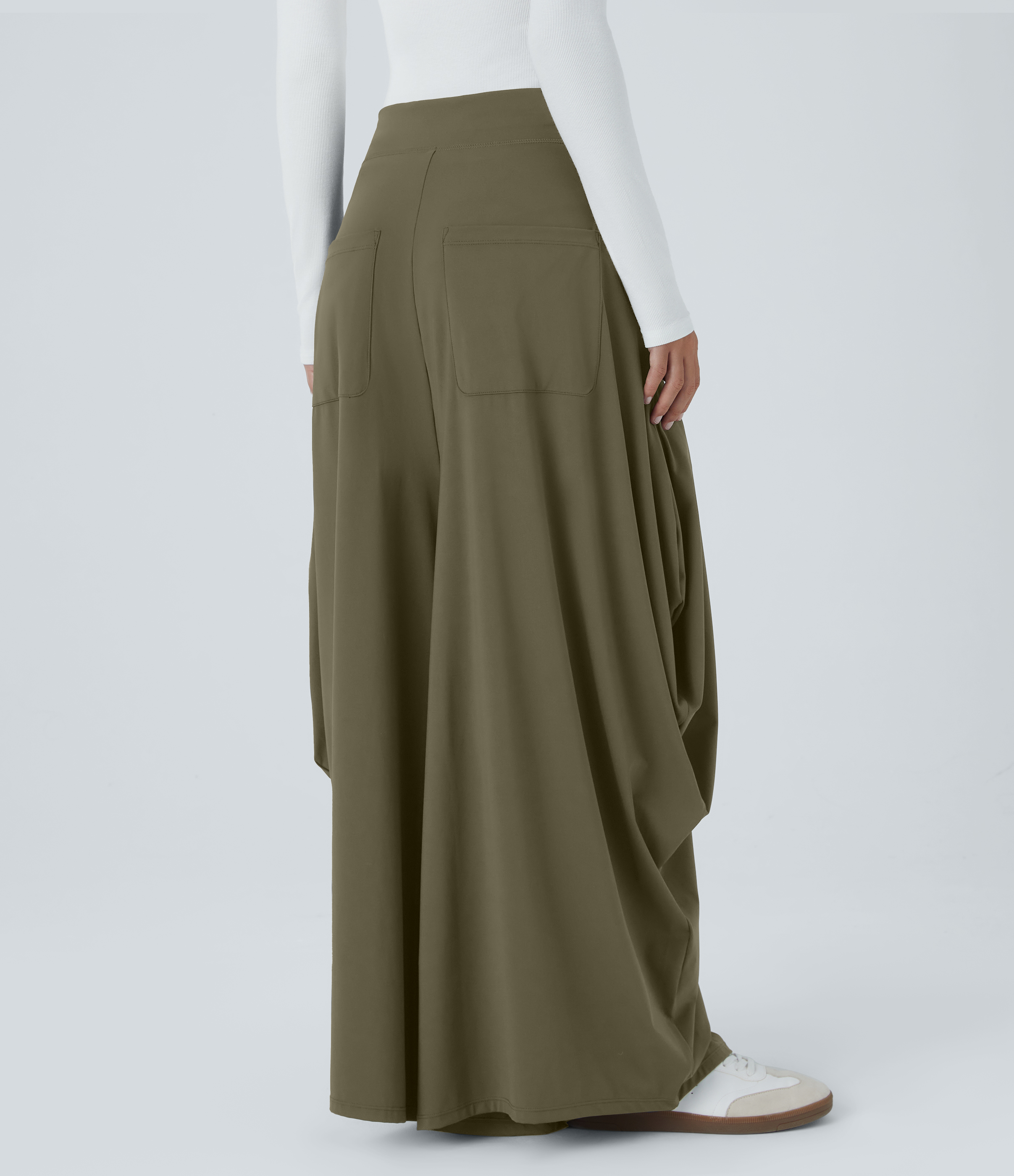 Halara Mid Rise Multiple Pockets Draped Wide Leg Casual Pants  - Withered Green - S(regular) 