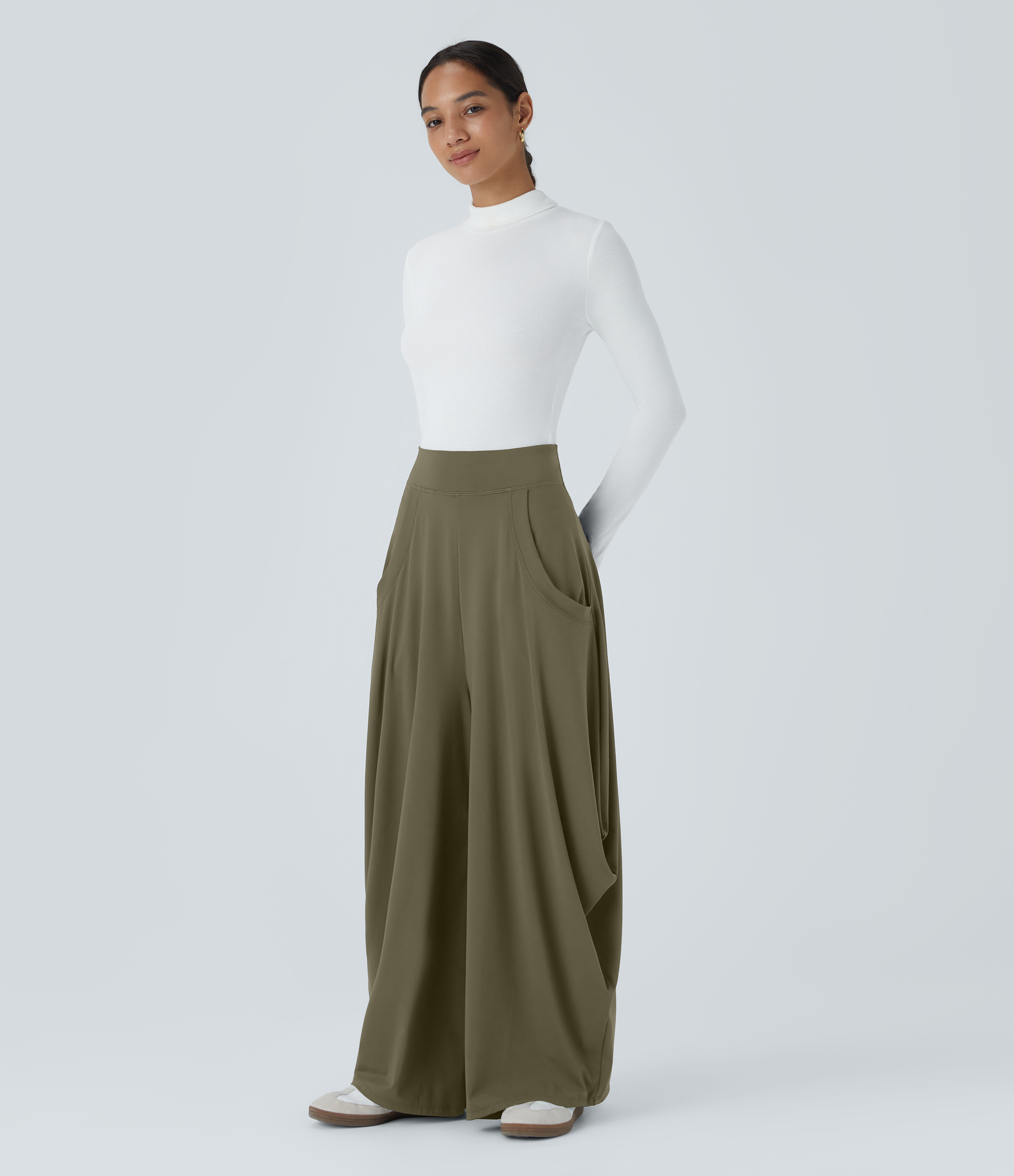 Halara Mid Rise Multiple Pockets Draped Wide Leg Casual Pants  - Withered Green - S(regular) 