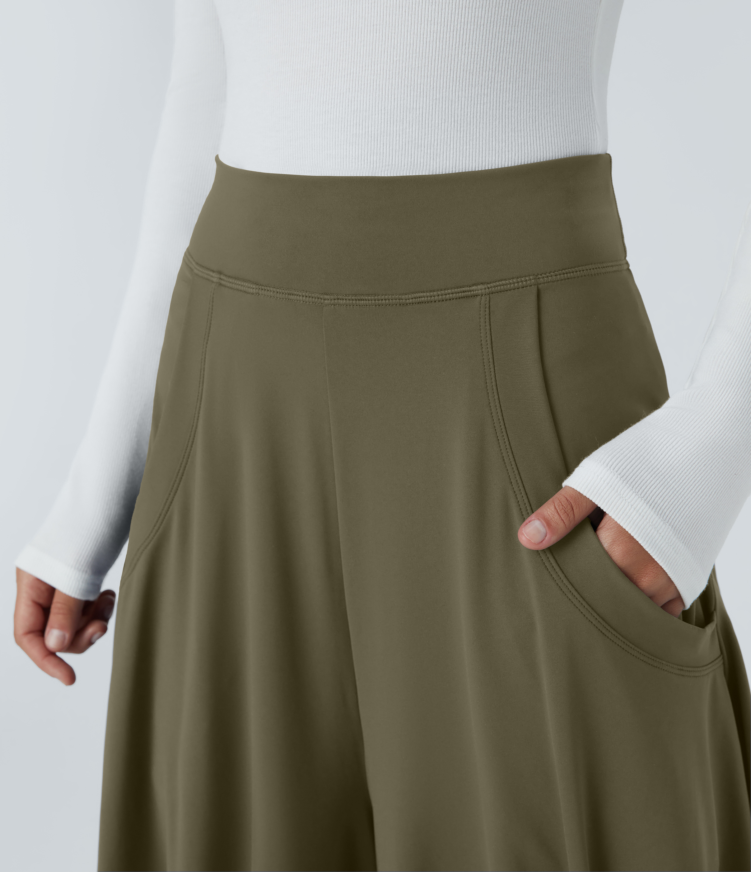 Halara Mid Rise Multiple Pockets Draped Wide Leg Casual Pants  - Withered Green - S(regular) 