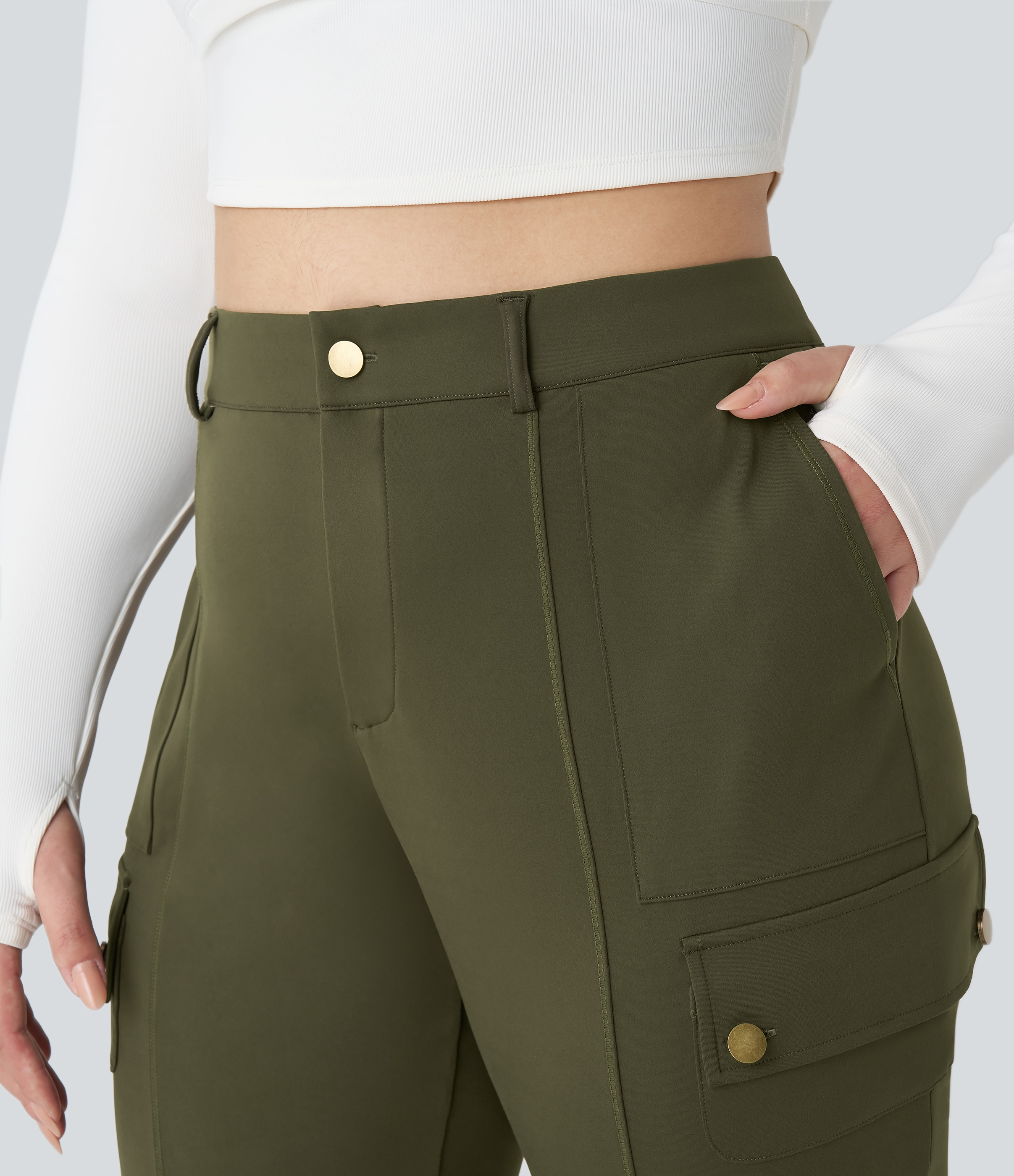 Halara High Waisted Button Zipper Multiple Pockets Solid Slim Hiking Plus Size Cargo Pants  - Forest Night - 3X(regular) 