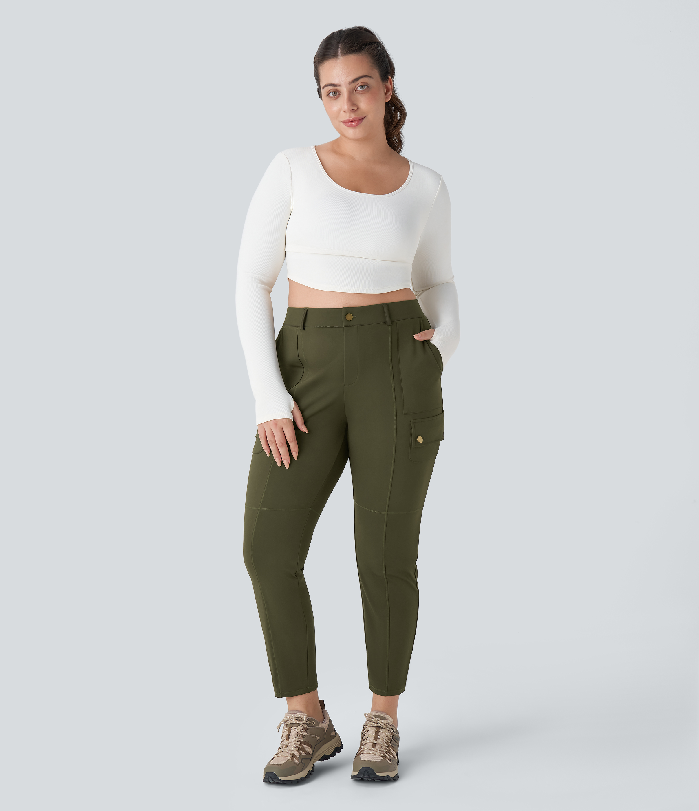 Halara High Waisted Button Zipper Multiple Pockets Solid Slim Hiking Plus Size Cargo Pants  - Forest Night - 3X(regular) 