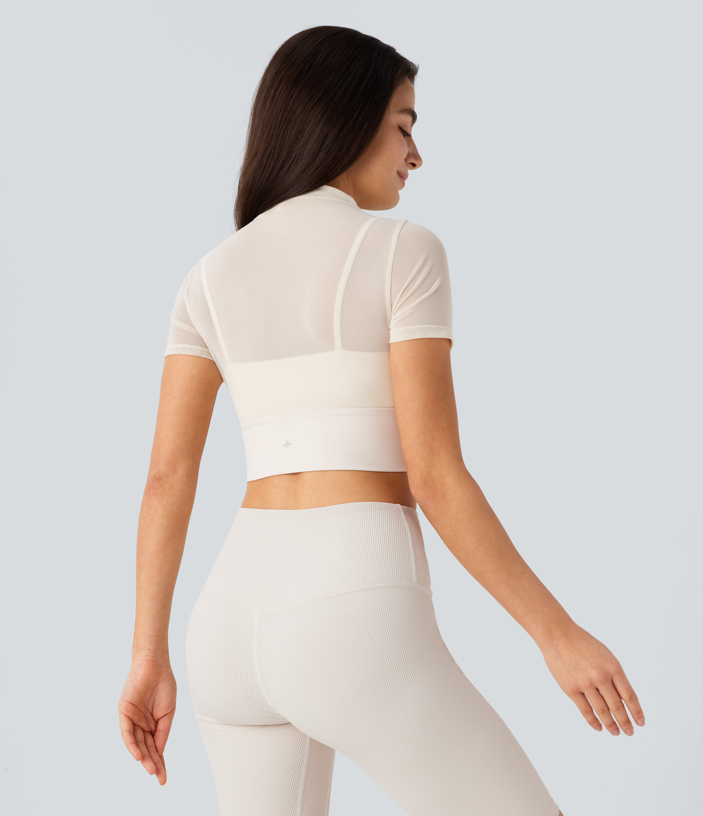 Halara Contrast Mesh Short Sleeve 2-in-1 Cropped Yoga Sports Top  - Pearled Ivory - S 