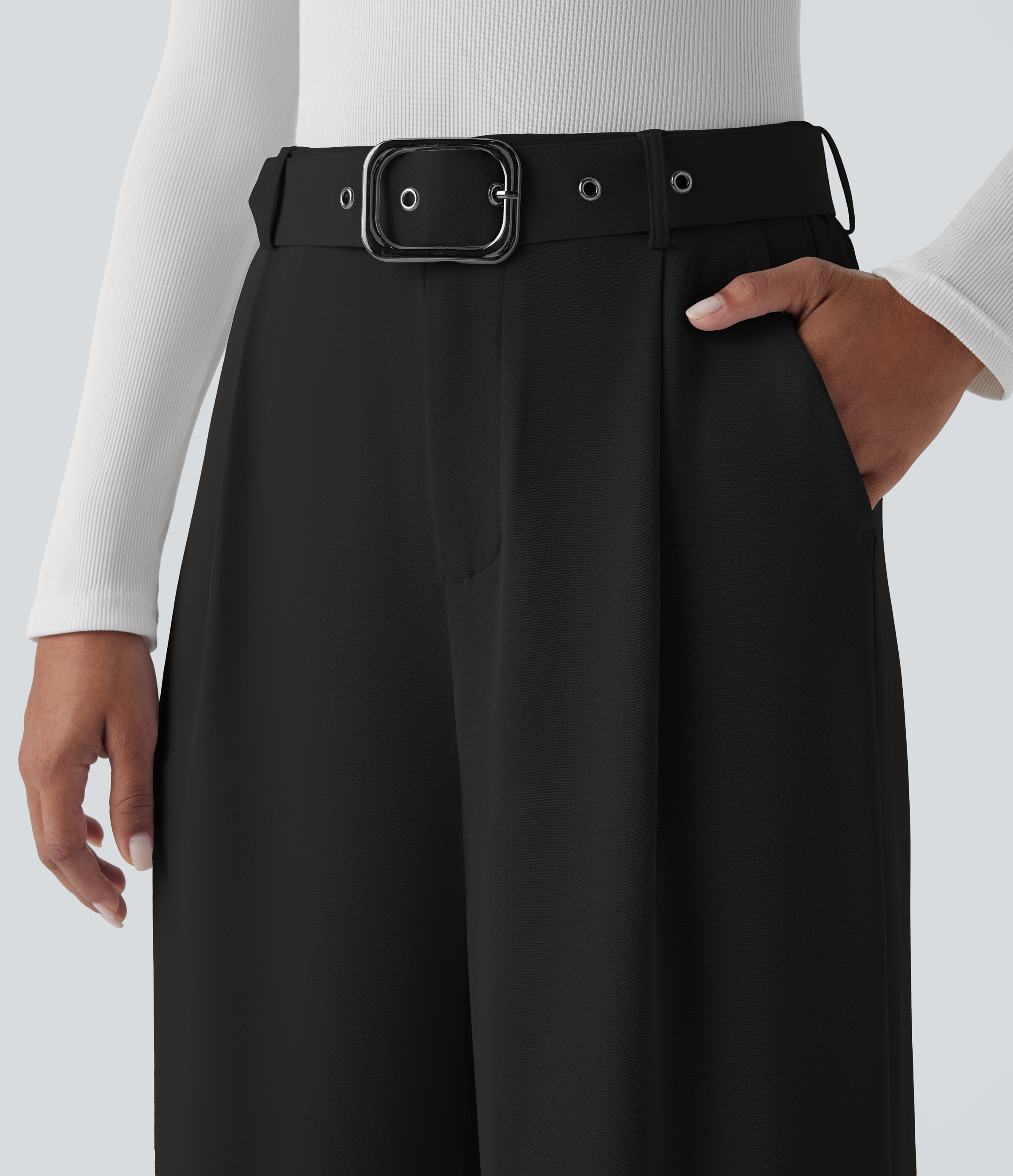 Halara High Waisted Belted Zipper Plicated Side Pocket Wide Leg Work Pants  - Black - XL(regular) sweatpants jogger pants stacked sweatpants 