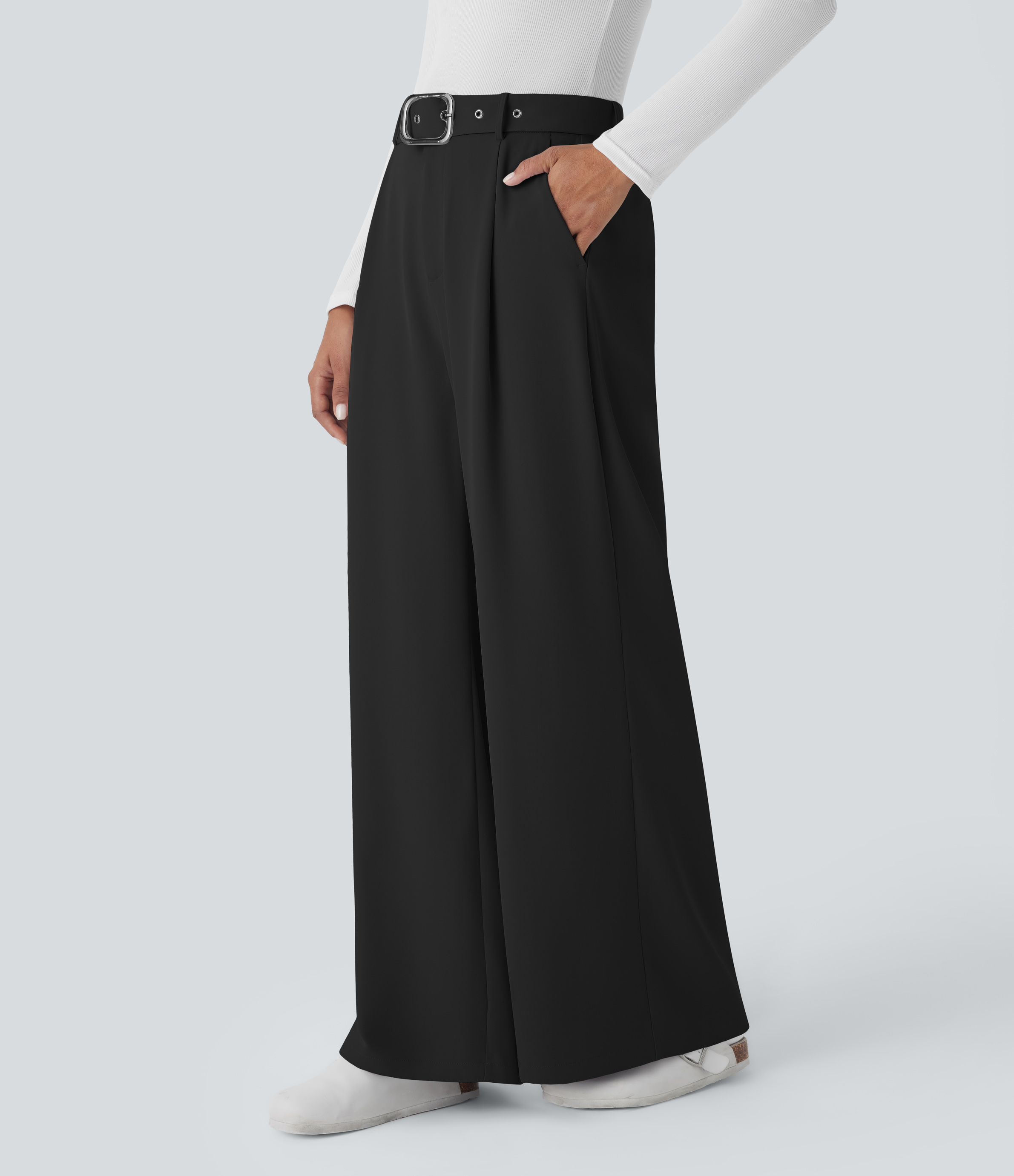 Halara High Waisted Belted Zipper Plicated Side Pocket Wide Leg Work Pants  - Black - XL(regular) sweatpants jogger pants stacked sweatpants 
