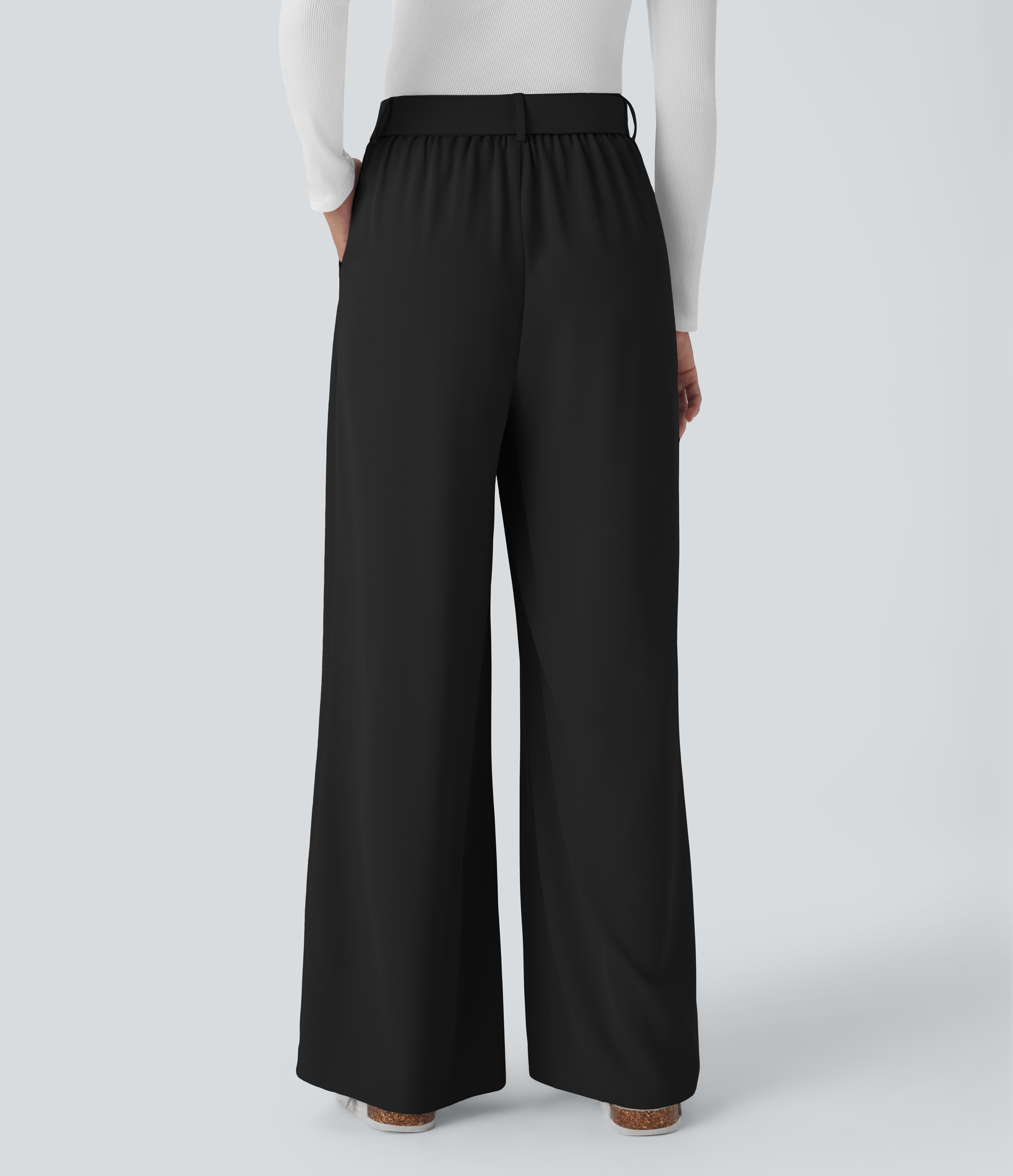 Halara High Waisted Belted Zipper Plicated Side Pocket Wide Leg Work Pants  - Black - XL(regular) sweatpants jogger pants stacked sweatpants 