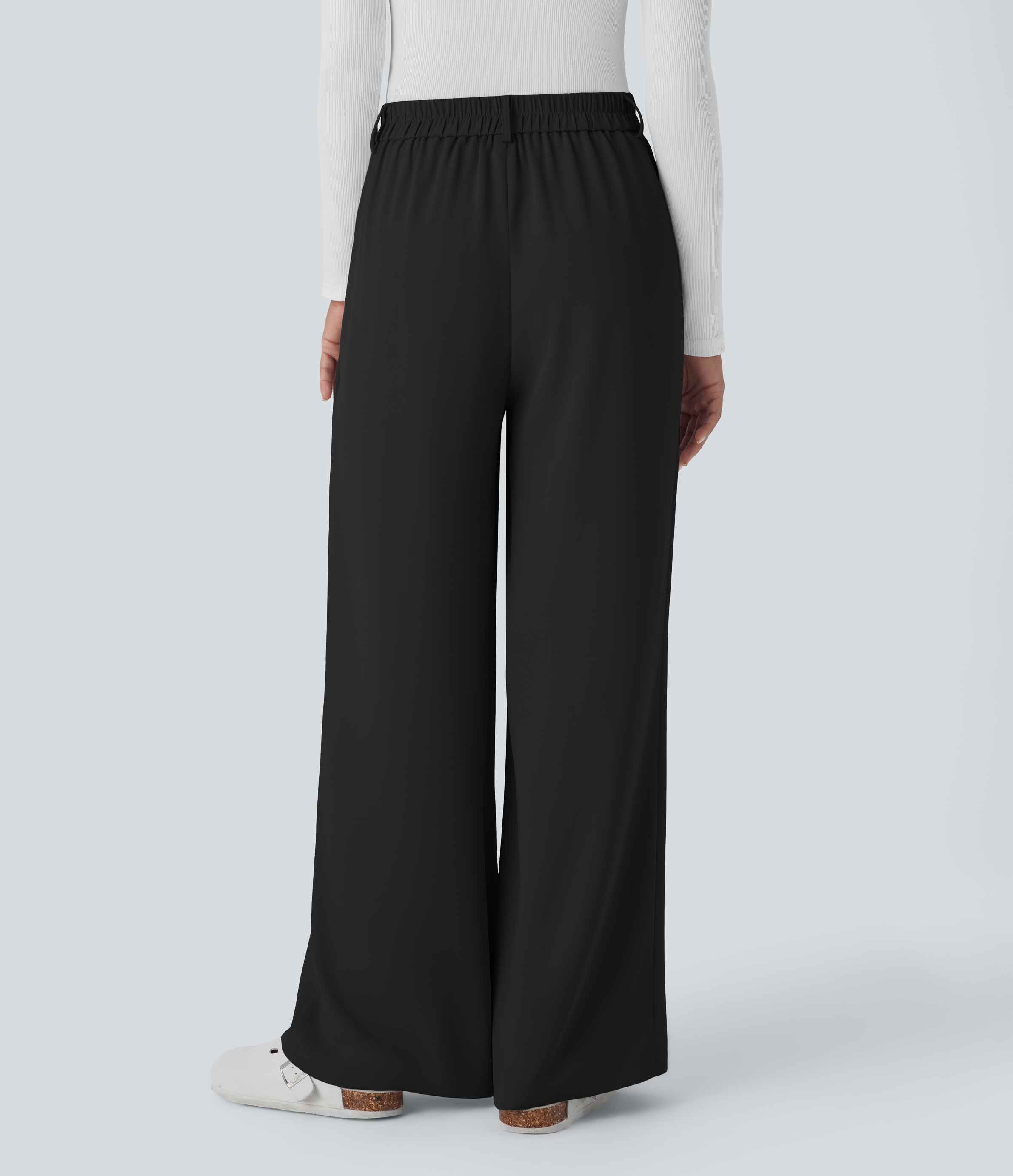 Halara High Waisted Belted Zipper Plicated Side Pocket Wide Leg Work Pants  - Black - XL(regular) sweatpants jogger pants stacked sweatpants 