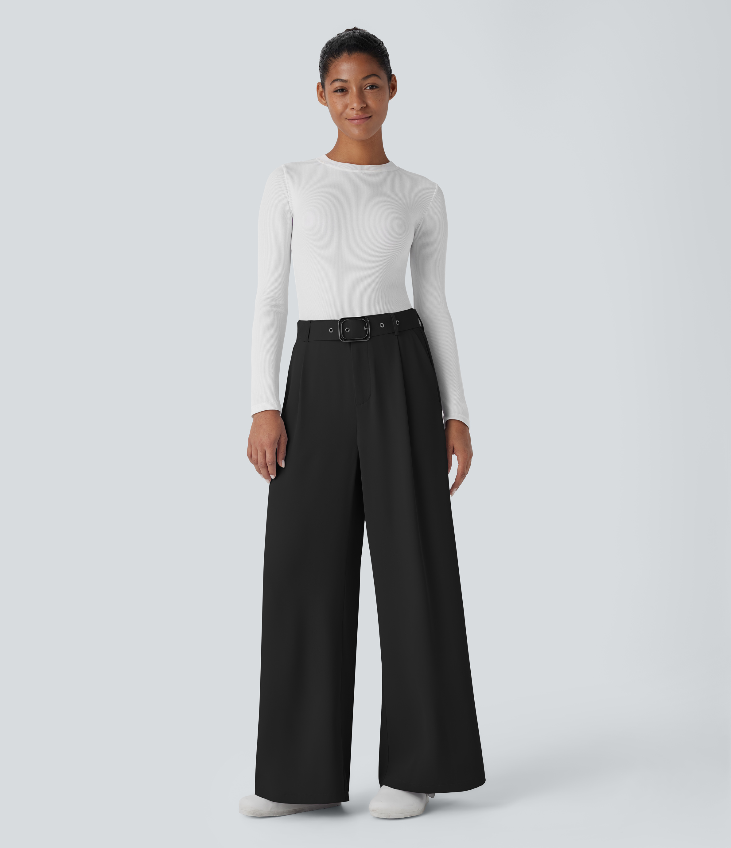 Halara High Waisted Belted Zipper Plicated Side Pocket Wide Leg Work Pants  - Black - XL(regular) sweatpants jogger pants stacked sweatpants 