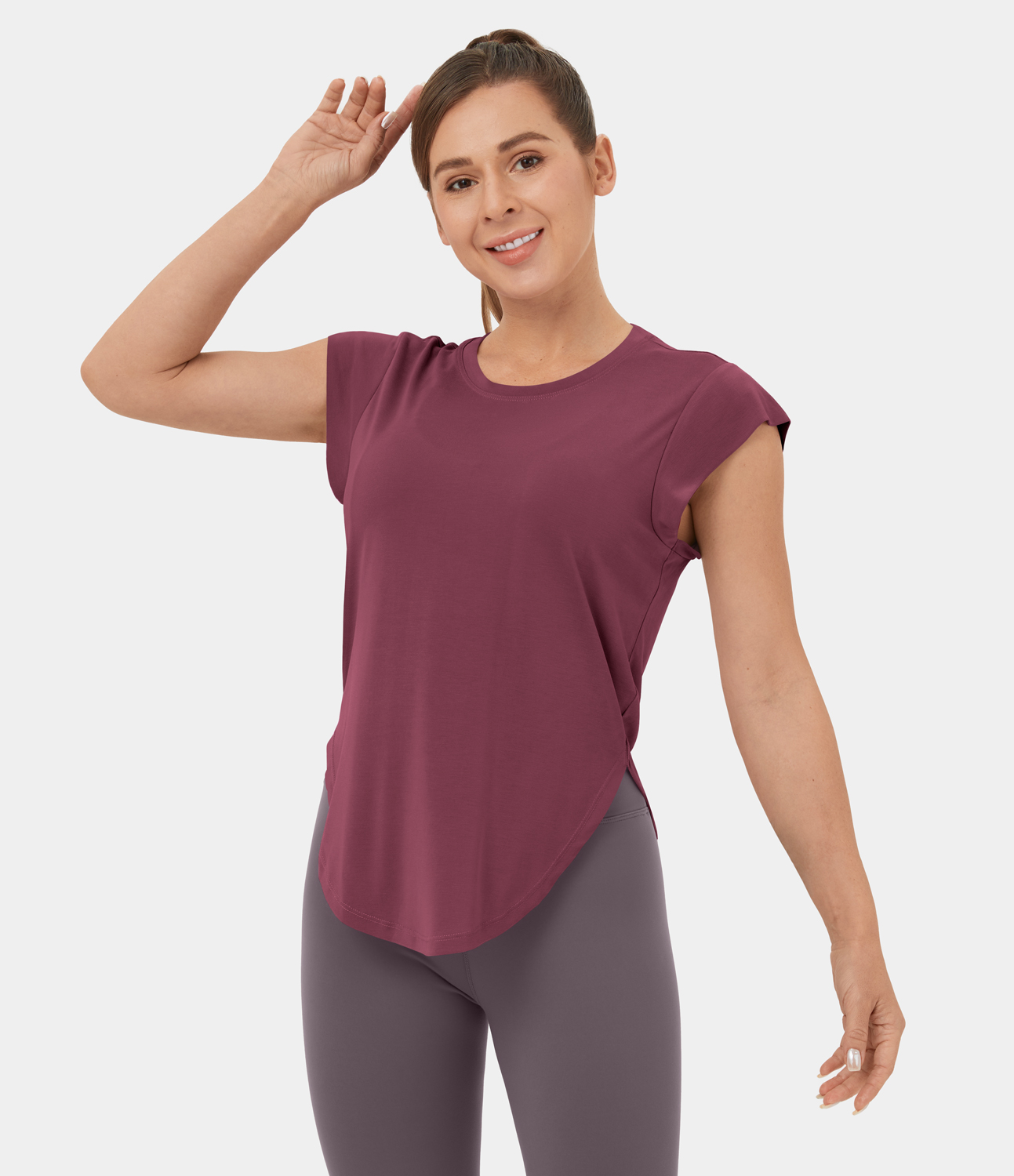 Halara Round Neck Curved Hem Yoga Sports Top  - Oxblood Red - XL 