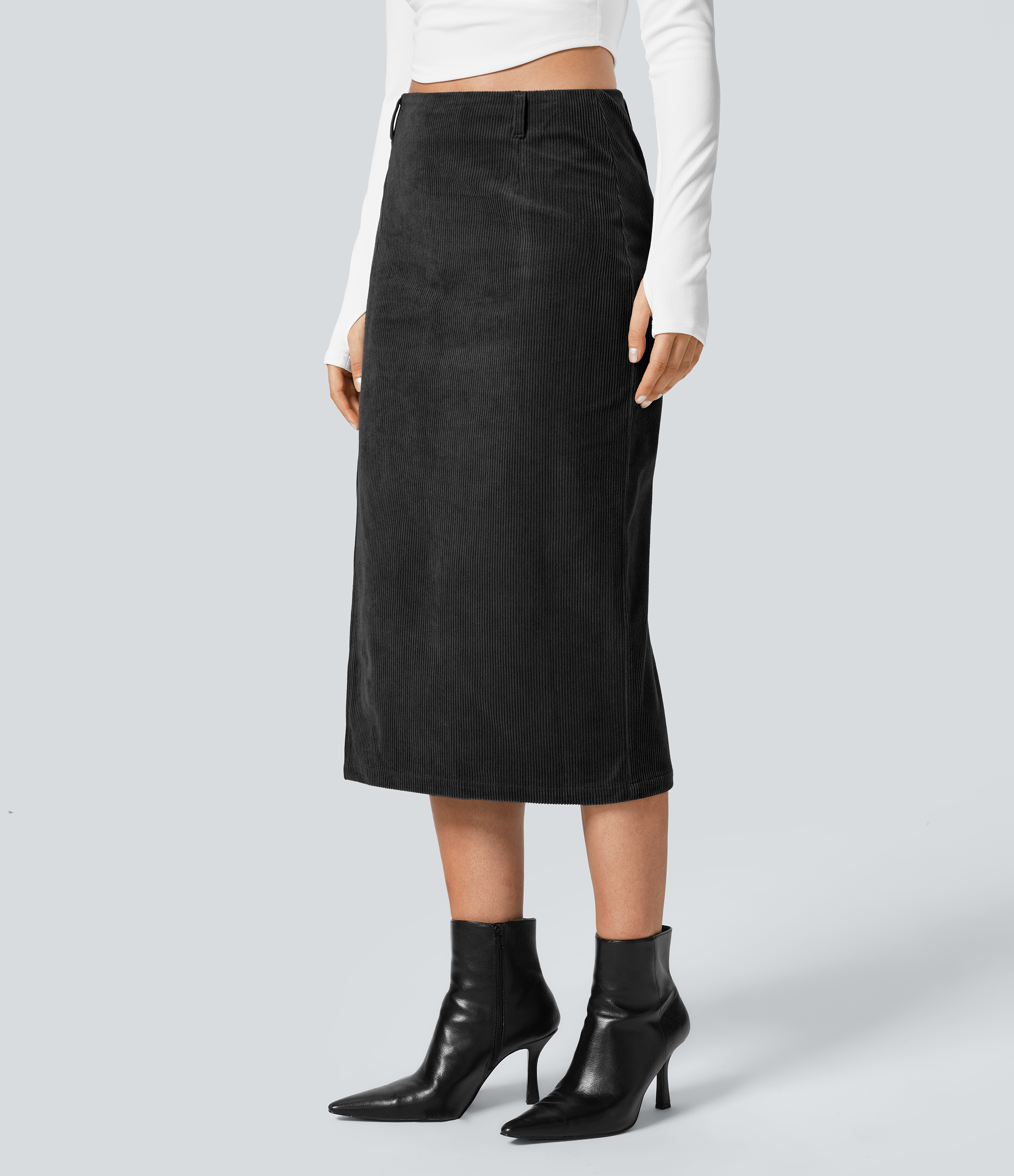 Halara High Waisted Invisible Zipper Split Hem Midi Corduroy Casual Skirt  - Black - L(regular) 