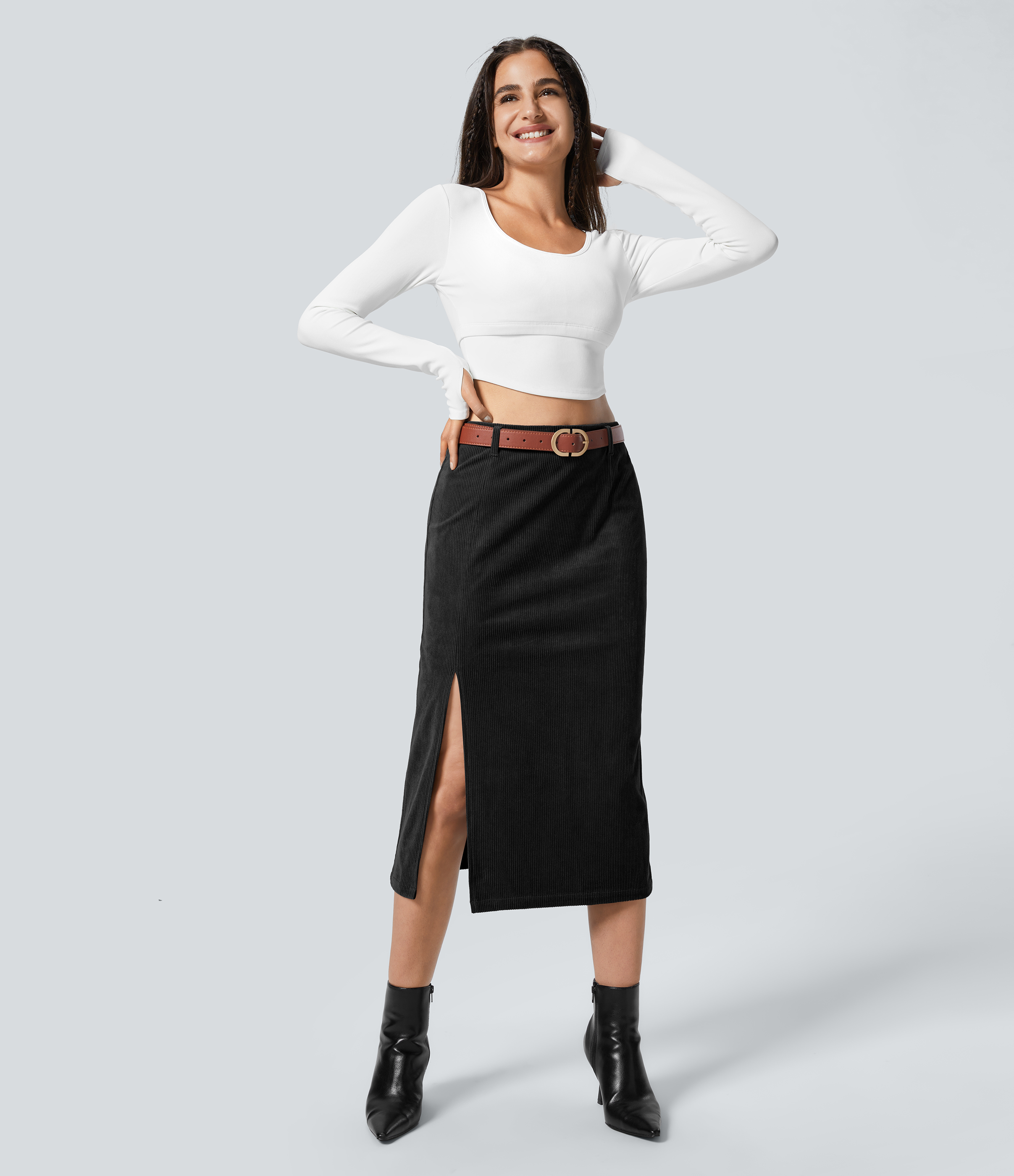 Halara High Waisted Invisible Zipper Split Hem Midi Corduroy Casual Skirt  - Black - L(regular) 
