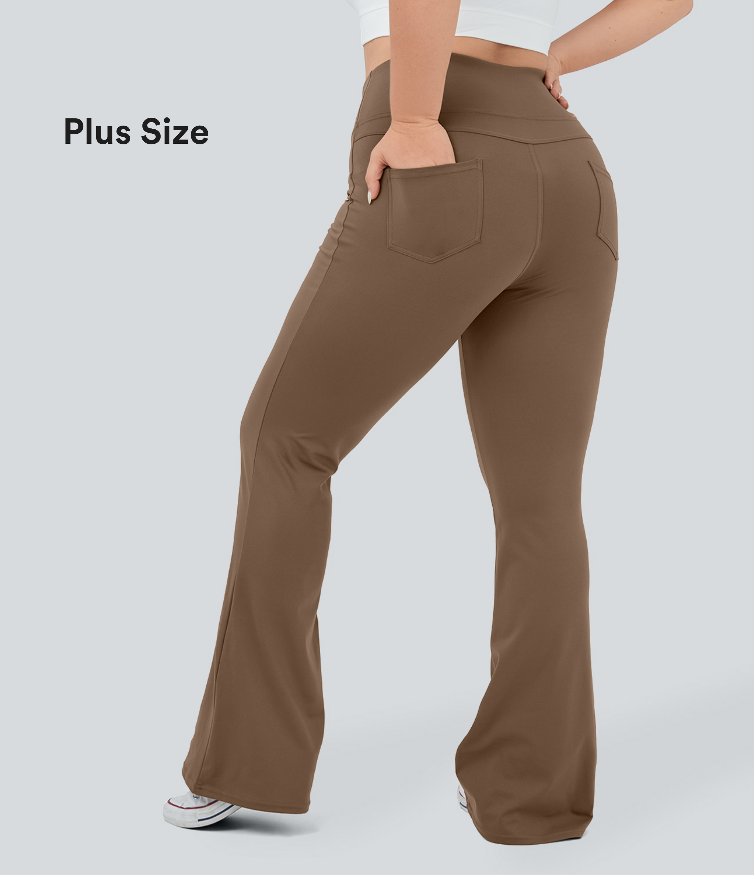 Halara High Waisted Back Pocket Flare Yoga Plus Size Leggings  - Sepia - 1X(regular) 