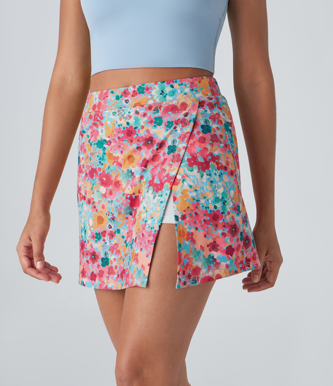 Halara High Waisted Split 2-in-1 Side Pocket Floral Print Mini Pickleball Skirt  - Watercolor Abstract Print - S(regular) 