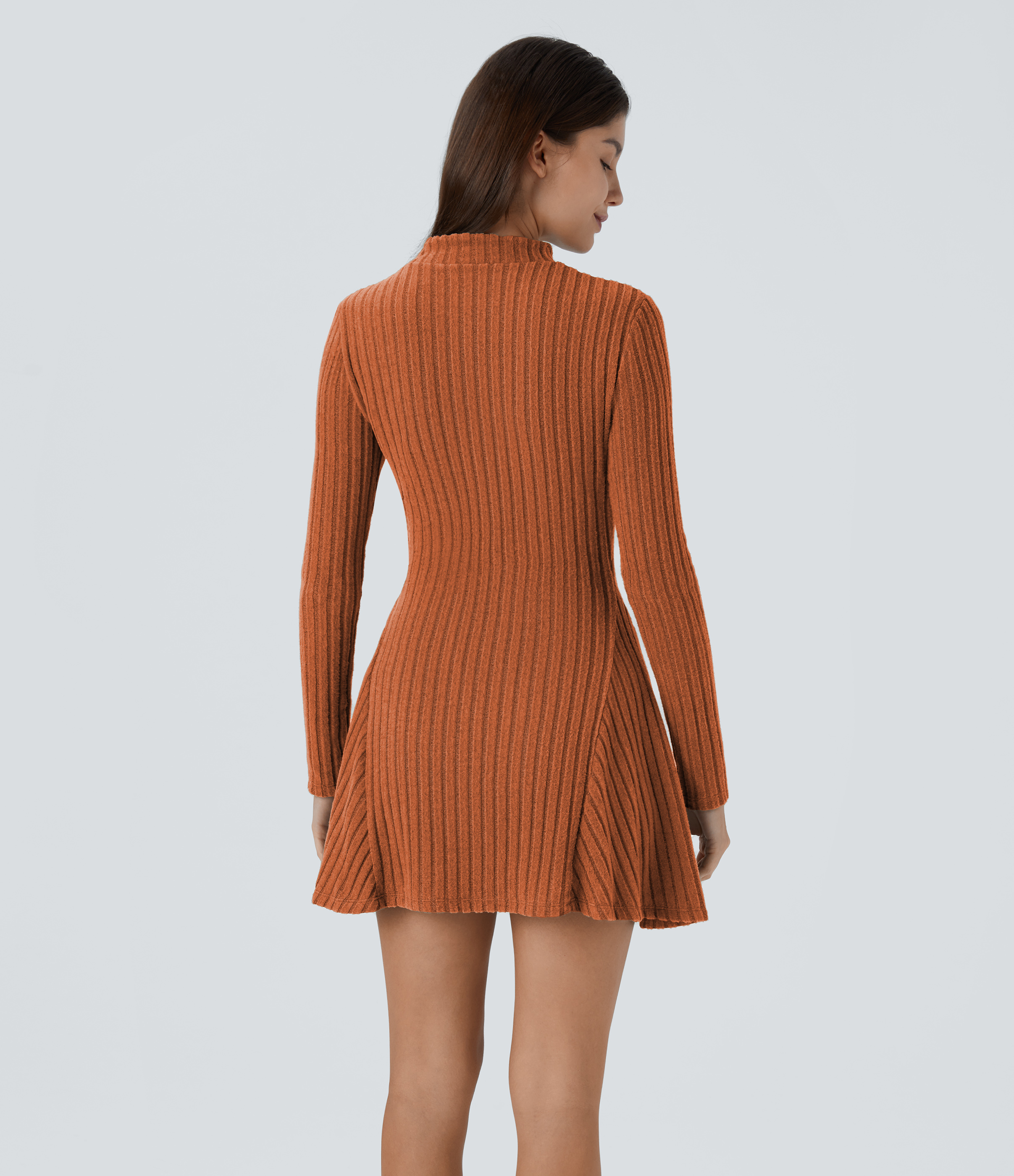 Halara Ribbed Knit Stand Collar Long Sleeve Mini Casual Dress Casual Dress - Orange Floral Velvet - L slip dress beach dress ruched dress 