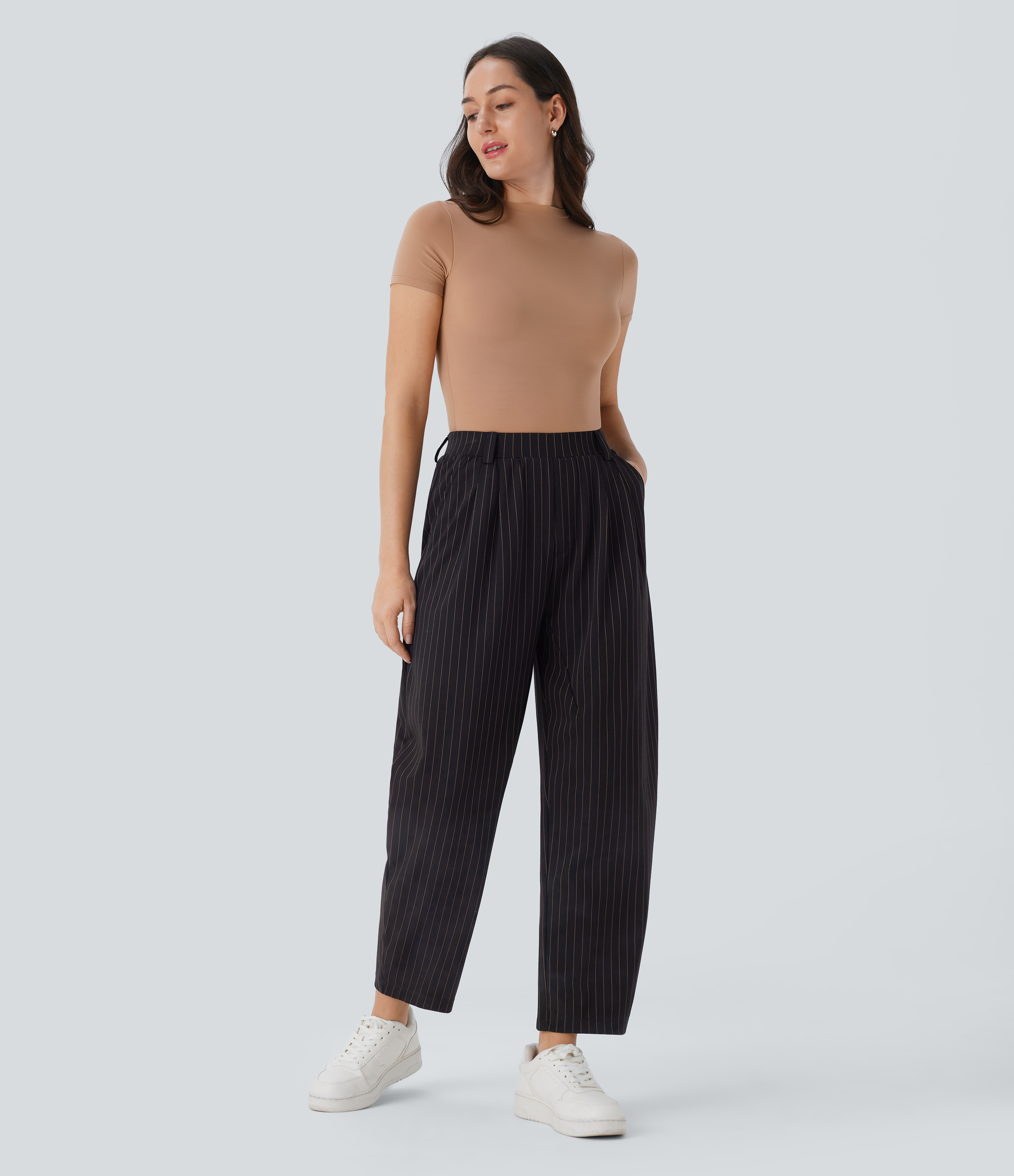 Halara Mid Rise Side Pocket Barrel Leg Cool Touch Stripe Work Pants  - Black Brown Black Pinstripe - M(regular) sweatpants jogger pants 