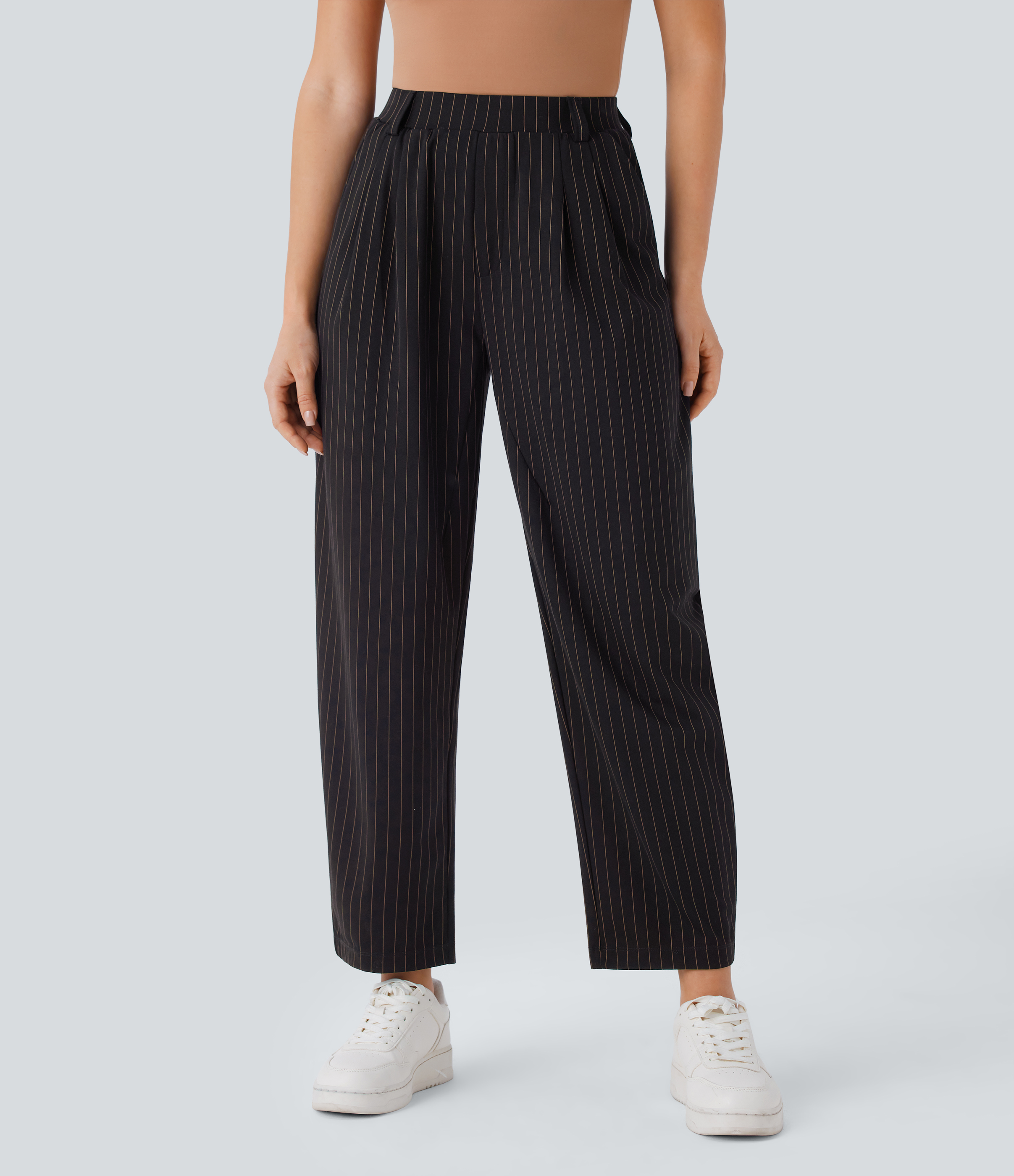 Halara Mid Rise Side Pocket Barrel Leg Cool Touch Stripe Work Pants  - Black Brown Black Pinstripe - M(regular) sweatpants jogger pants 