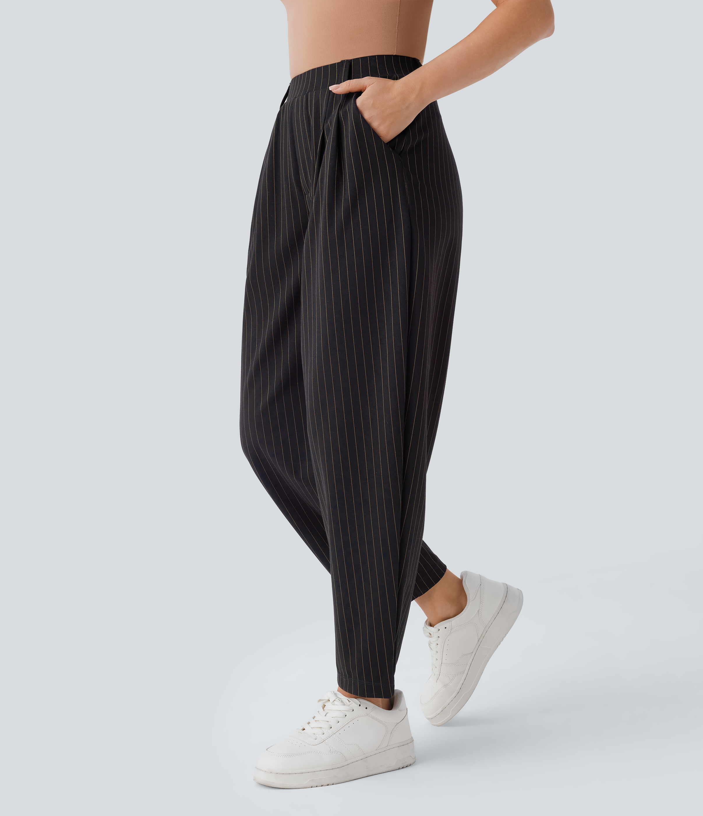Halara Mid Rise Side Pocket Barrel Leg Cool Touch Stripe Work Pants  - Black Brown Black Pinstripe - M(regular) sweatpants jogger pants 