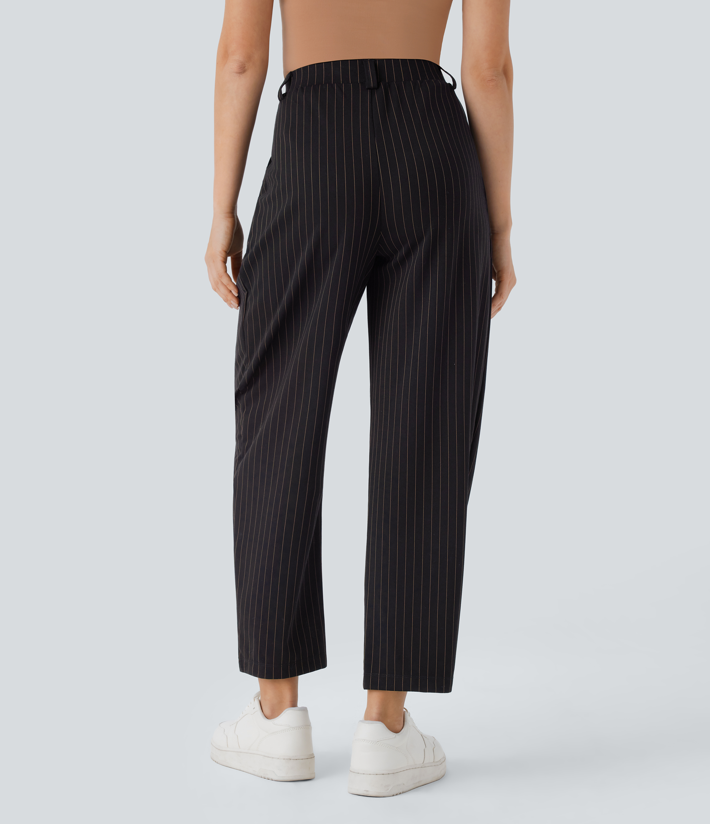 Halara Mid Rise Side Pocket Barrel Leg Cool Touch Stripe Work Pants  - Black Brown Black Pinstripe - M(regular) sweatpants jogger pants 