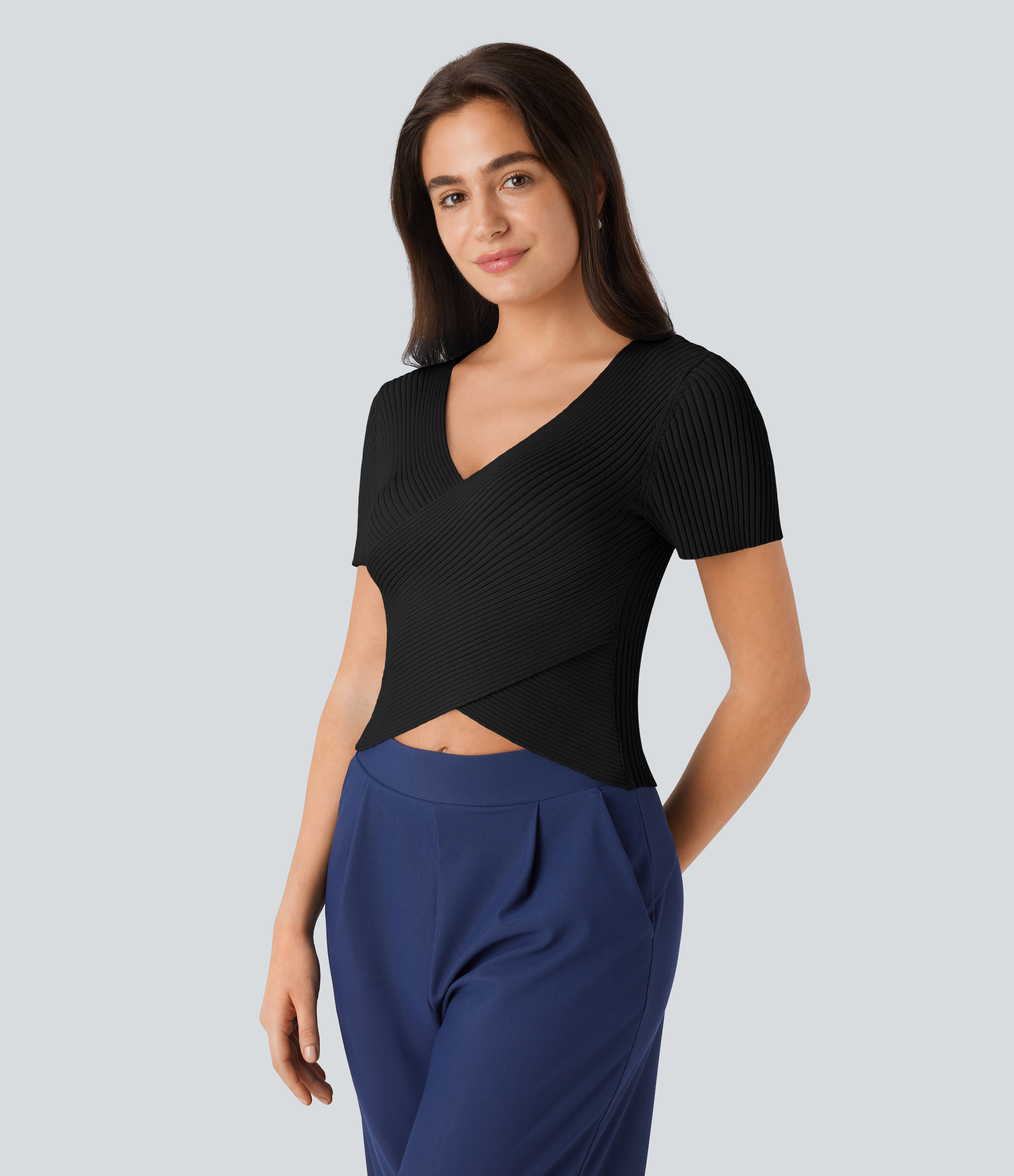 Halara V Neck Short Sleeve Crossover Skinny Casual Sweater  - Black - S 