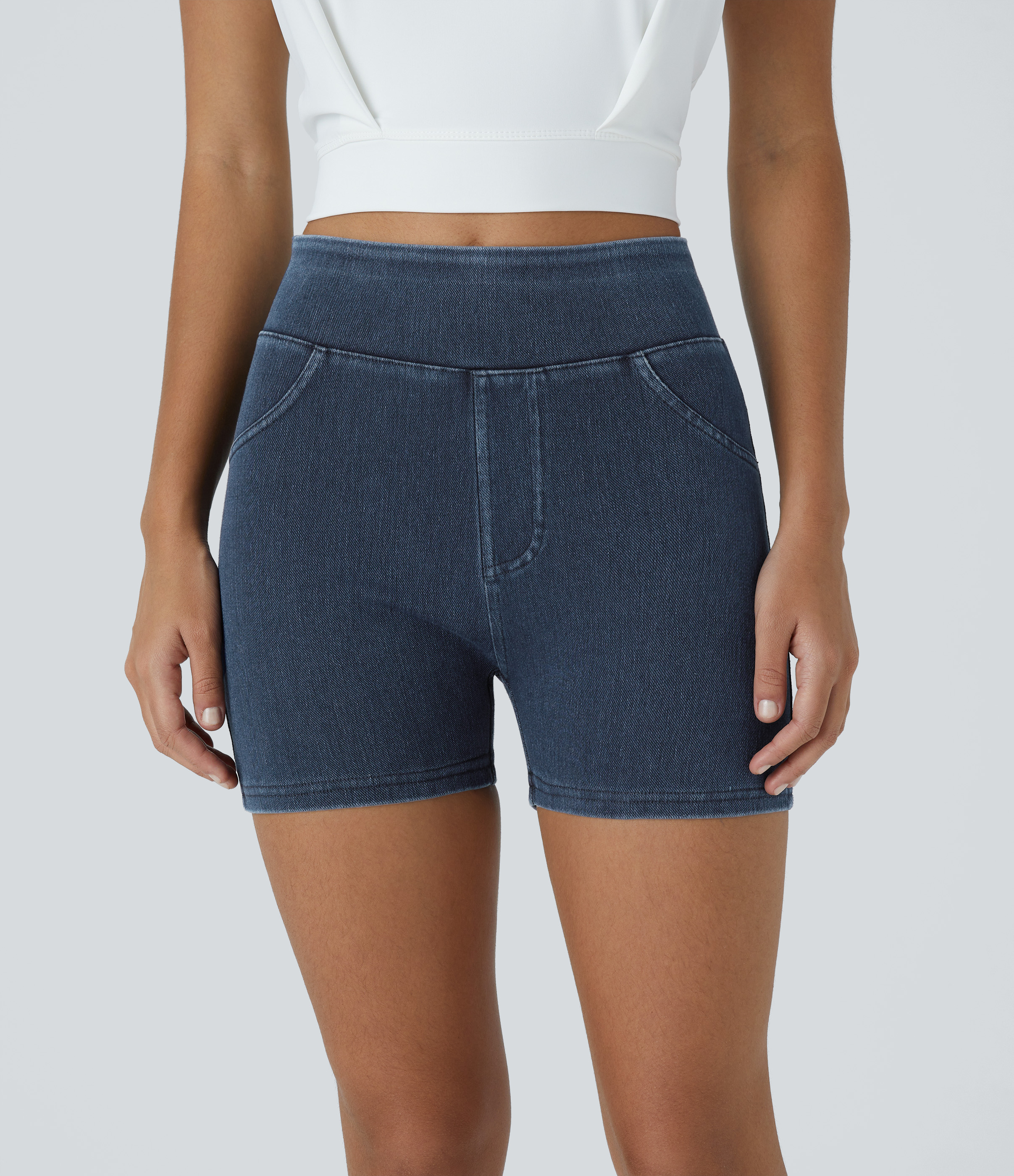 Washed Denim Navy Blue Halara Flex™ High Waisted Pocket Denim Casual Shorts 3" / 2