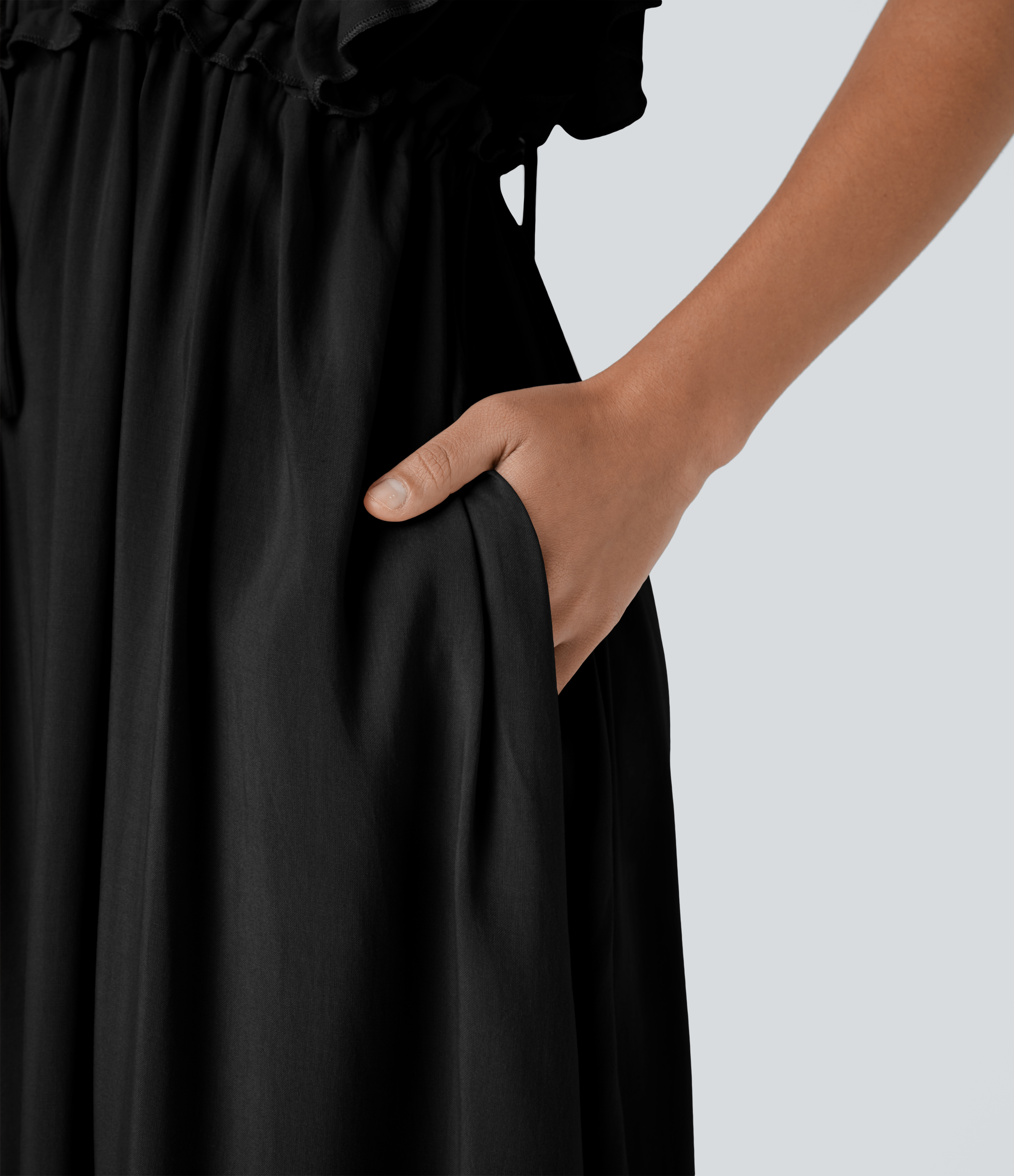 Halara Deep V Neck Butterfly Sleeve Backless Drawstring Button Side Pocket Flowy Maxi Casual Dress Casual Dress - Black - XL slip dress 