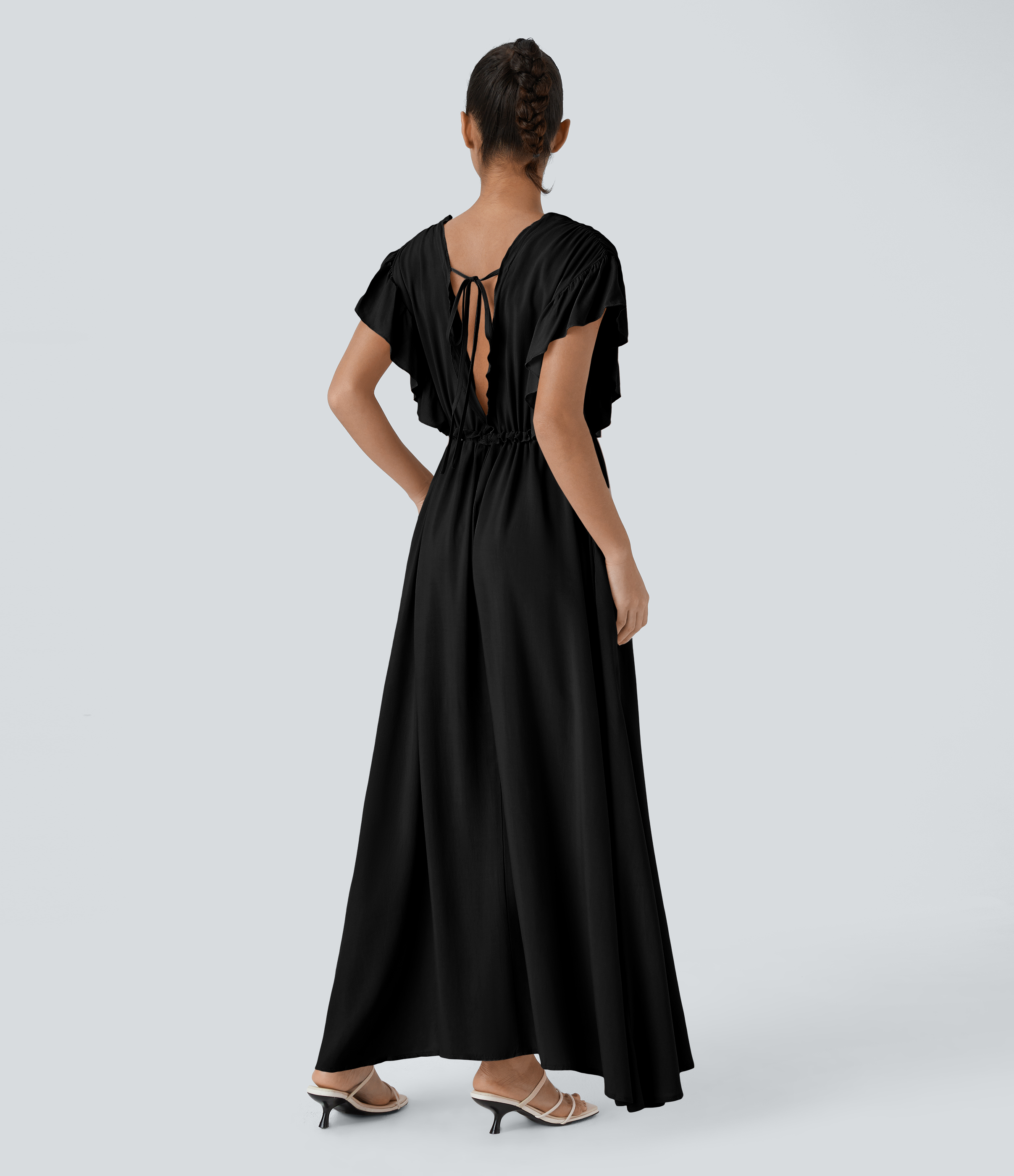 Halara Deep V Neck Butterfly Sleeve Backless Drawstring Button Side Pocket Flowy Maxi Casual Dress Casual Dress - Black - XL slip dress 