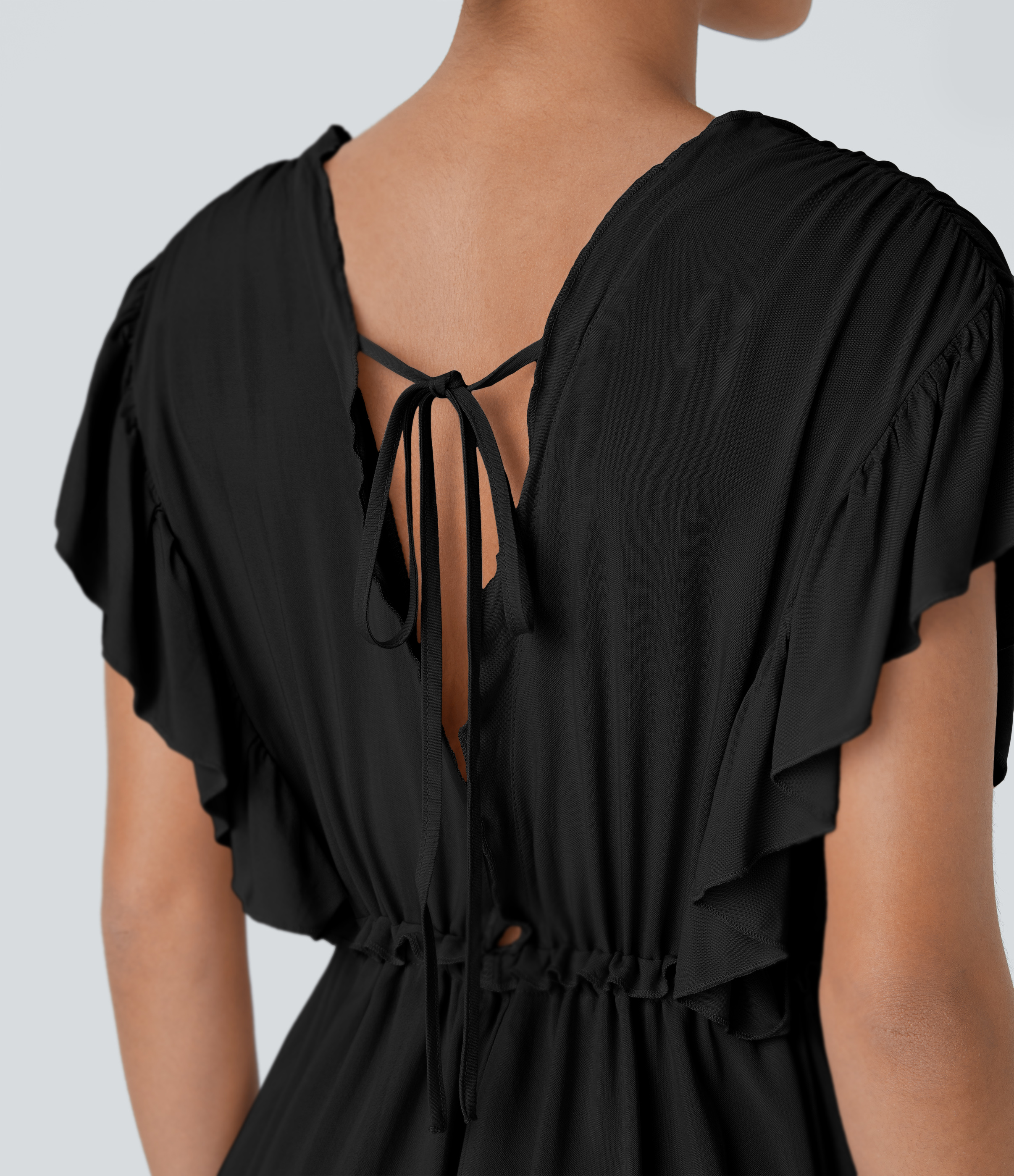 Halara Deep V Neck Butterfly Sleeve Backless Drawstring Button Side Pocket Flowy Maxi Casual Dress Casual Dress - Black - XL slip dress 
